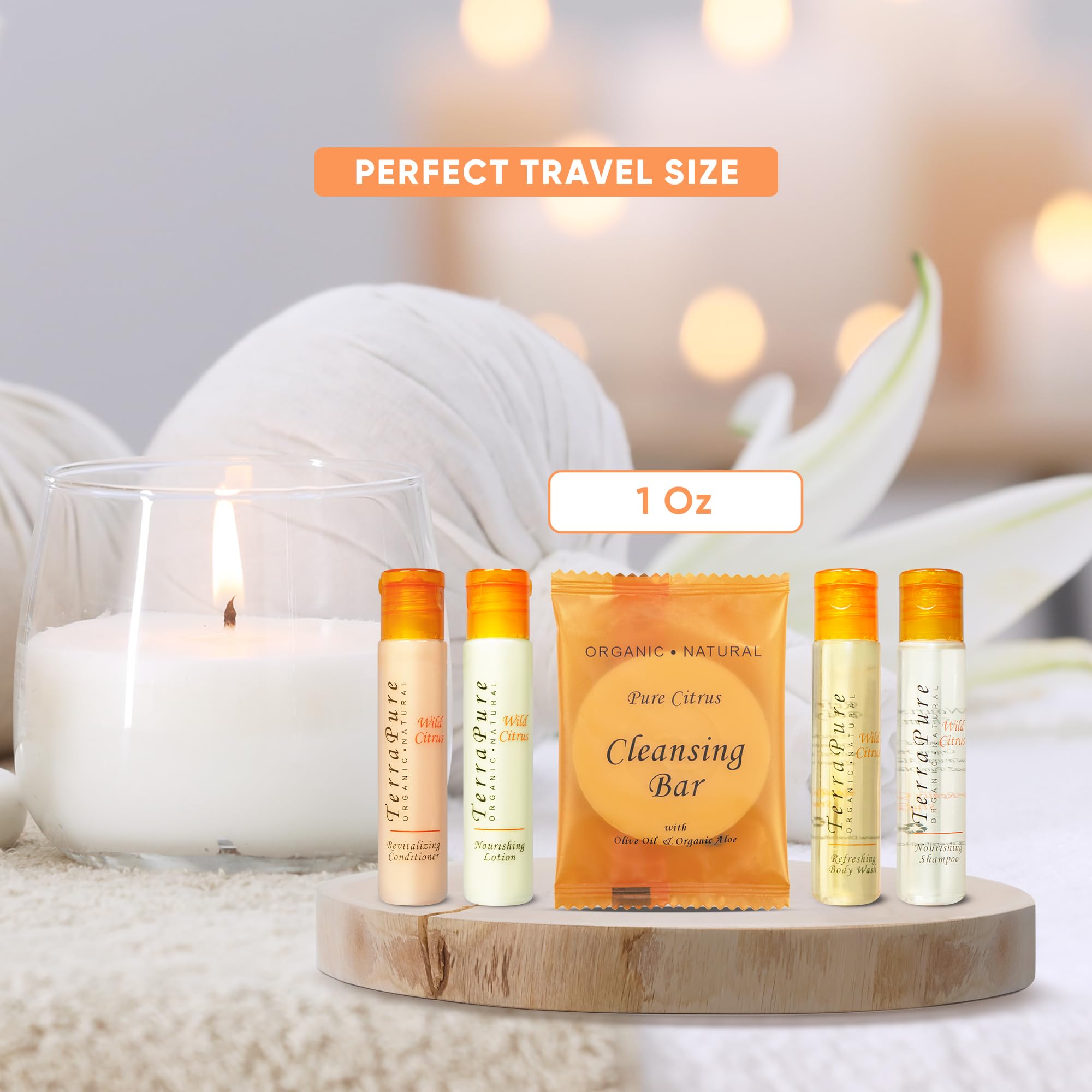 Terra Pure Wild Citrus Toiletries Set - 75 Piece Travel Amenities Kit with 1oz Shampoo, Conditioner, Body Wash, Lotion & Bar Soap | Perfect for Hotels, Spas, Gyms & Guest Bathrooms