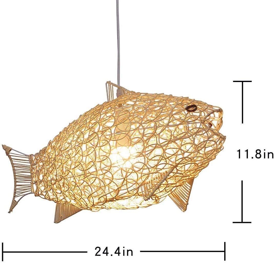 24 Inch Natural Wicker Pendant Light - Handwoven Rattan Fish-Shaped Lantern with Adjustable Cord for Ceiling, Dining Room, Living Room & Restaurant Decor | Boho, Coastal & Tropical Home Lighting