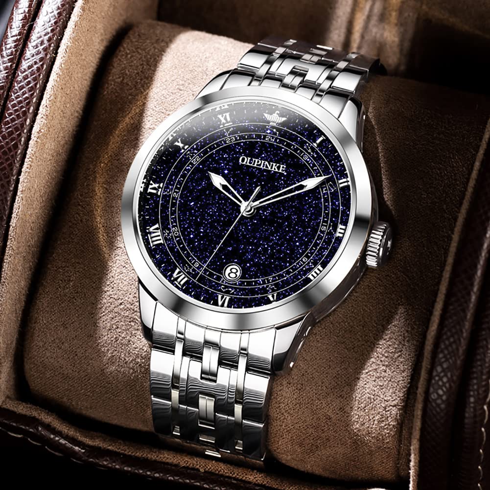 OUPINKE Automatic Men's Watch - Luxury Starry Sky Design, Mechanical Movement, Waterproof, Date Display, Luminous Hands, Sapphire Crystal, Tungsten Steel Band - Perfect for Business, Formal Events & Gift Giving
