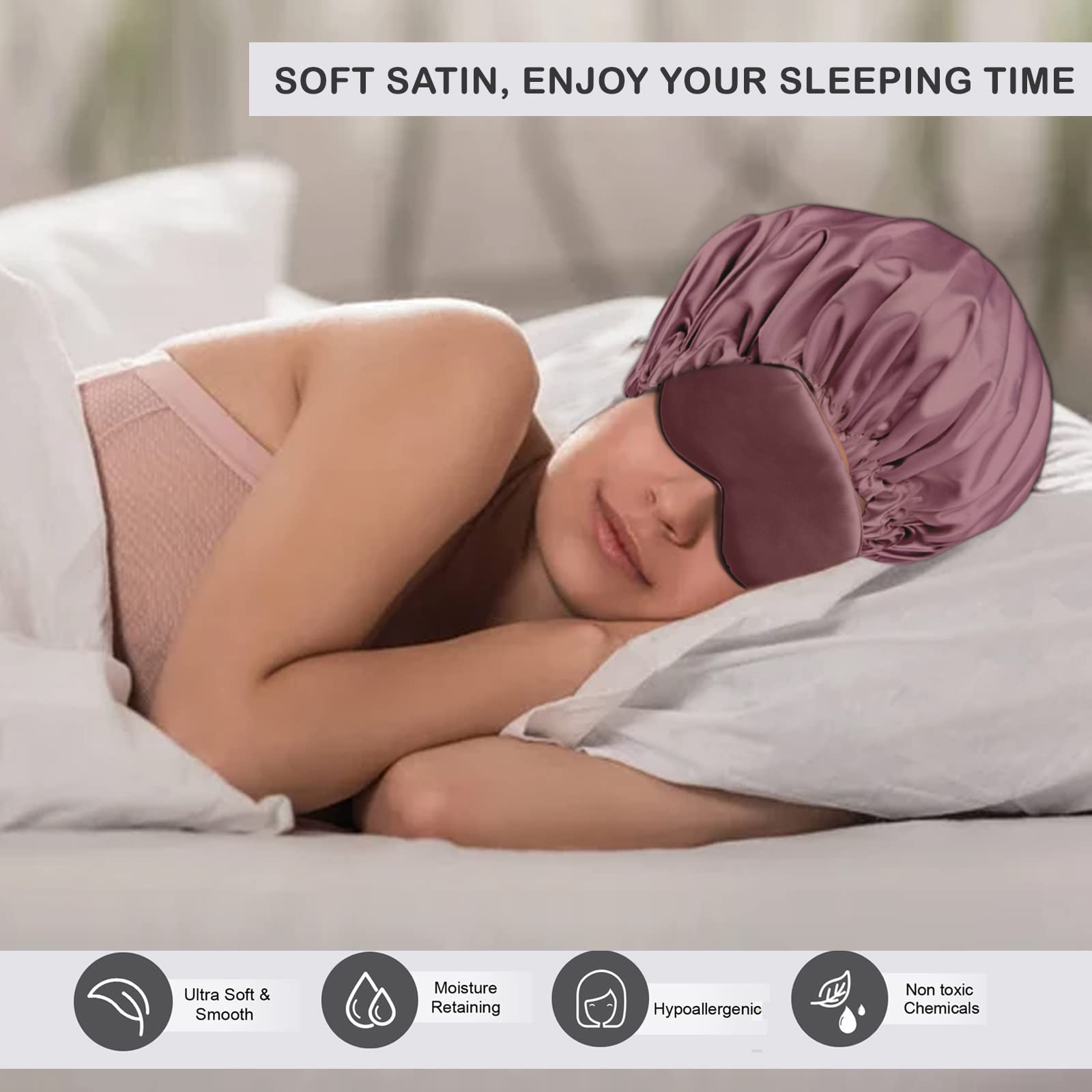 Avirons Reversible Silk Satin Sleep Bonnet with Adjustable Eye Mask | Pure Satin Hair Cap for Women & Girls | Soft Sleeping Bonnet for Curly, Natural & Protective Hairstyles | Perfect for Nighttime Hair Care & Travel Accessories
