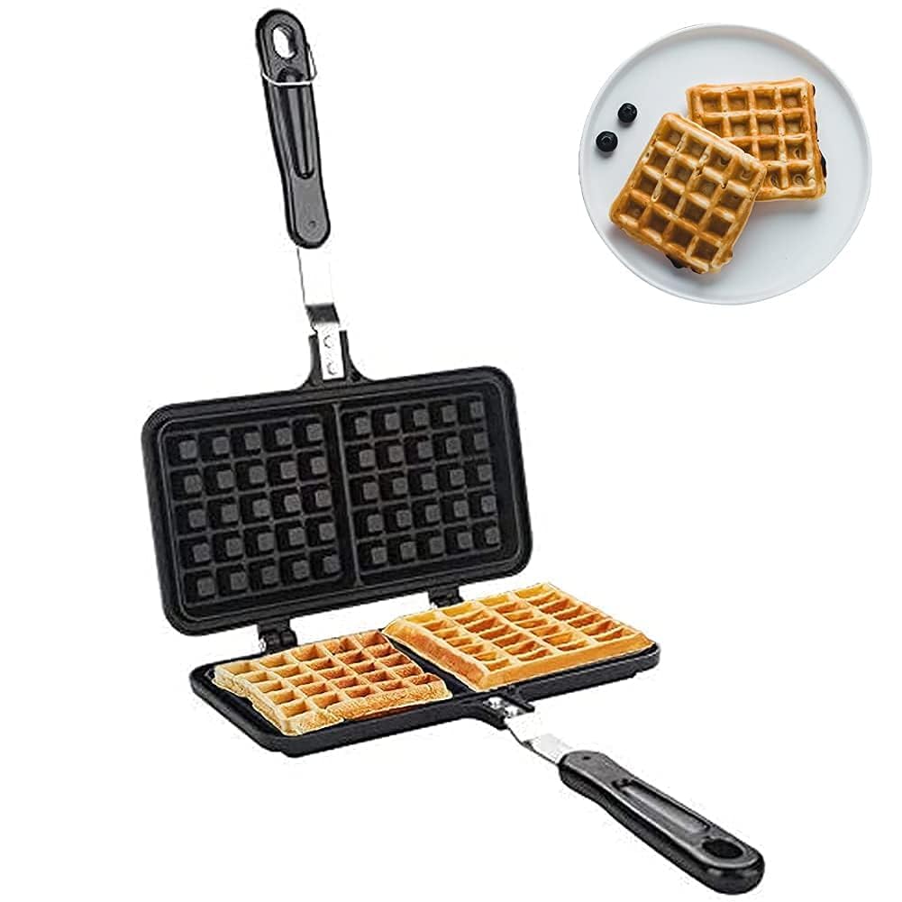 Non-Stick Stove Top Waffle Iron - Dual Belgian Bubble Waffle Maker Pan with Aluminum Plates (8.5x13.2 Inch) - Perfect for Breakfast, Snacks, Lunch & Camping Cooking