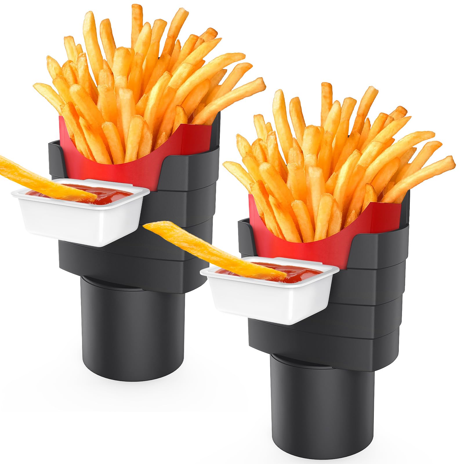 2-Pack Car French Fry Holder with Dipping Sauce Cup - Portable Condiment Holder for Ketchup, Mustard & Sauces - Perfect for Road Trips, Fast Food & Car Snacks