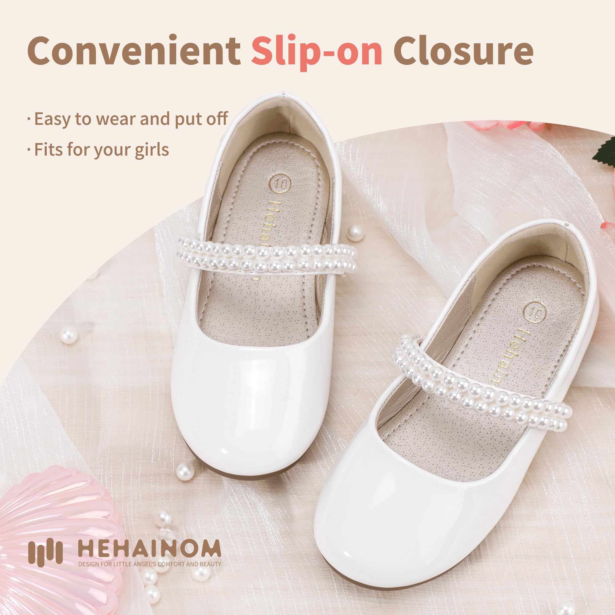 Hehainom Toddler Flower Girls Dress Shoes - Mary Jane Princess Ballet Flats with Bow & Pearls for Wedding, Party, School | Comfortable & Stylish Formal Shoes for Special Occasions