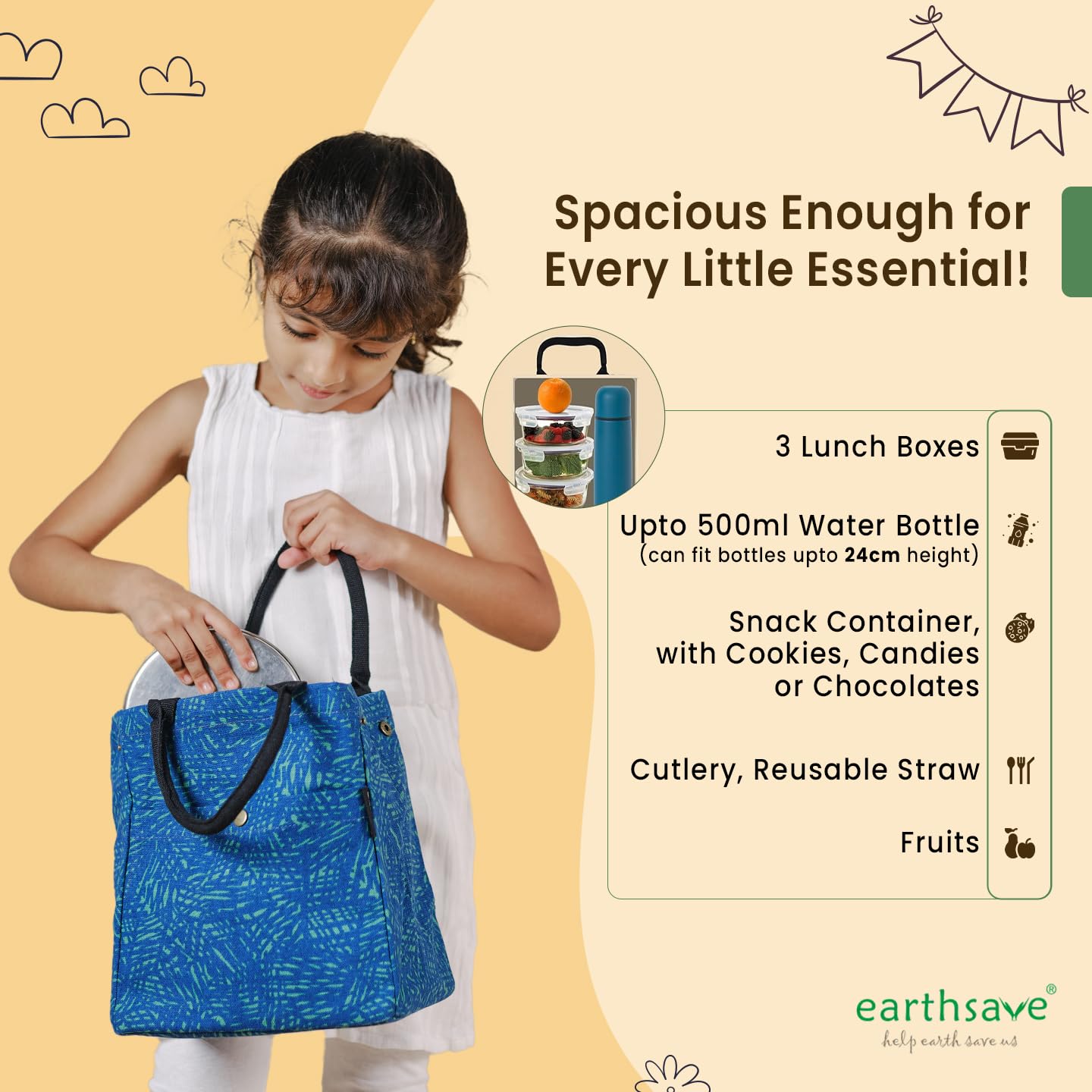 Earthsave Insulated Lunch Bag for Office & School - Reusable Tiffin Bags for Women, Men & Kids - Leakproof Thermal Lunch Box for Work, Picnic & Travel (Strokes Blue) | Perfect for Meal Prep, Daily Commute & Outdoor Activities