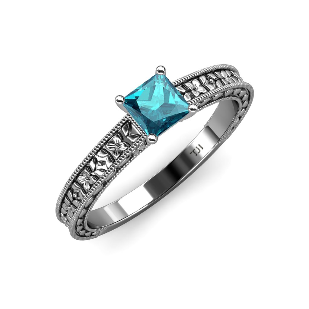 London Blue Topaz Solitaire Engagement Ring 0.85ct 14K White Gold - Floral Engraved Milgrain Design for Wedding, Proposal & Anniversary Gifts