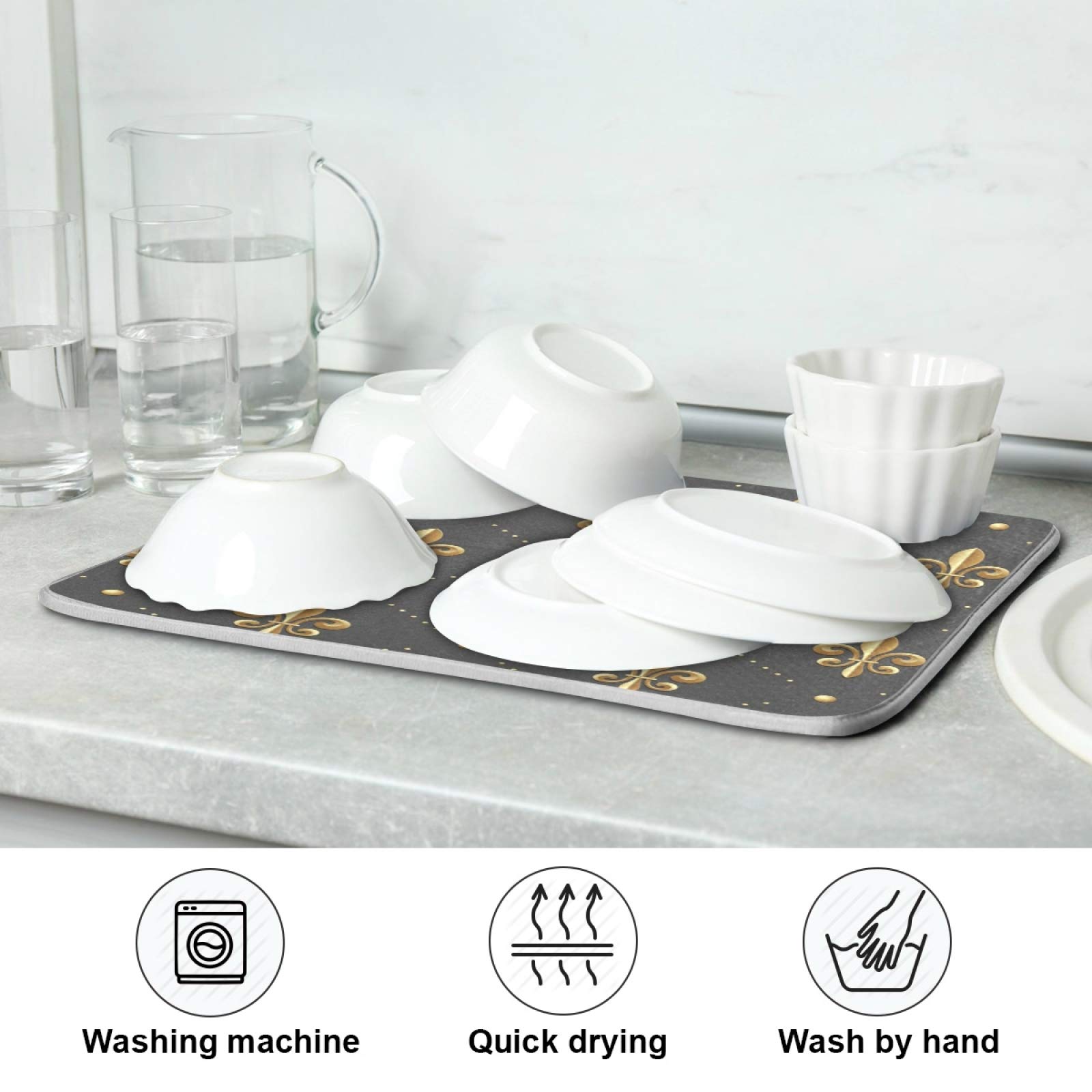 Susiyo Super Absorbent Microfiber Dish Drying Mat - 18x24 Inch Heat-Resistant Kitchen Counter Pad with Golden Fleur Lis Design | Perfect for Drying Dishes, Protecting Countertops & Organizing Kitchen