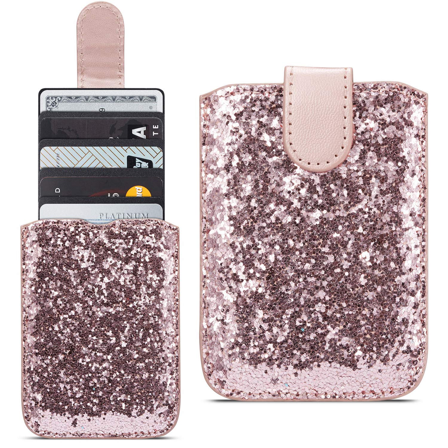 Sparkly Rose Gold PU Leather Credit Card Holder for Phone - Slim Glitter Wallet with Card Slot & Bling Design, Perfect for iPhone Samsung Cases (Ideal for Shopping, Travel, Night Out)
