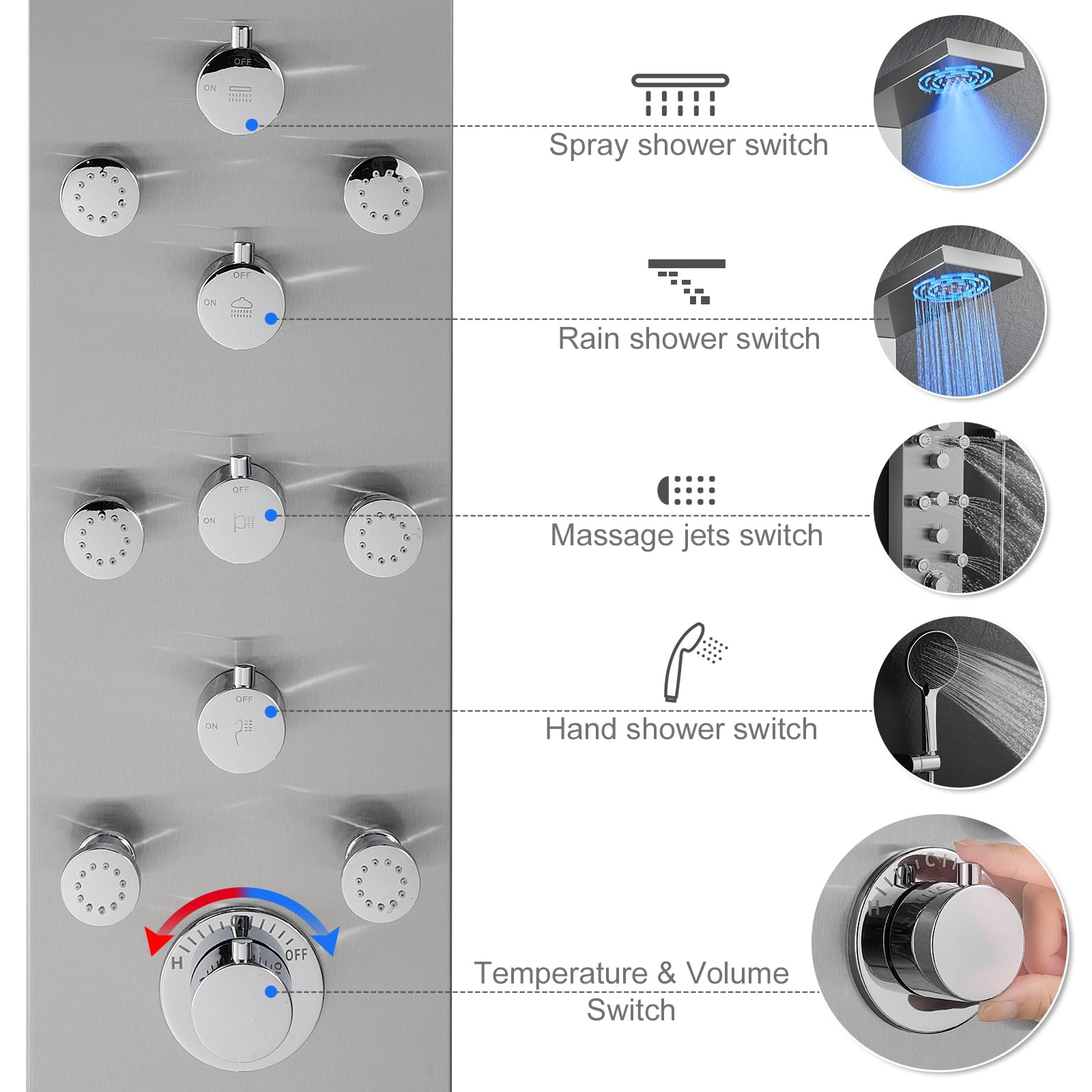 MENATT 4-in-1 LED Shower Panel Tower System with Rainfall Shower Head, Body Massage Jets, Handheld Shower & Tub Spout - Brushed Stainless Steel for Spa-Like Bathroom Experience