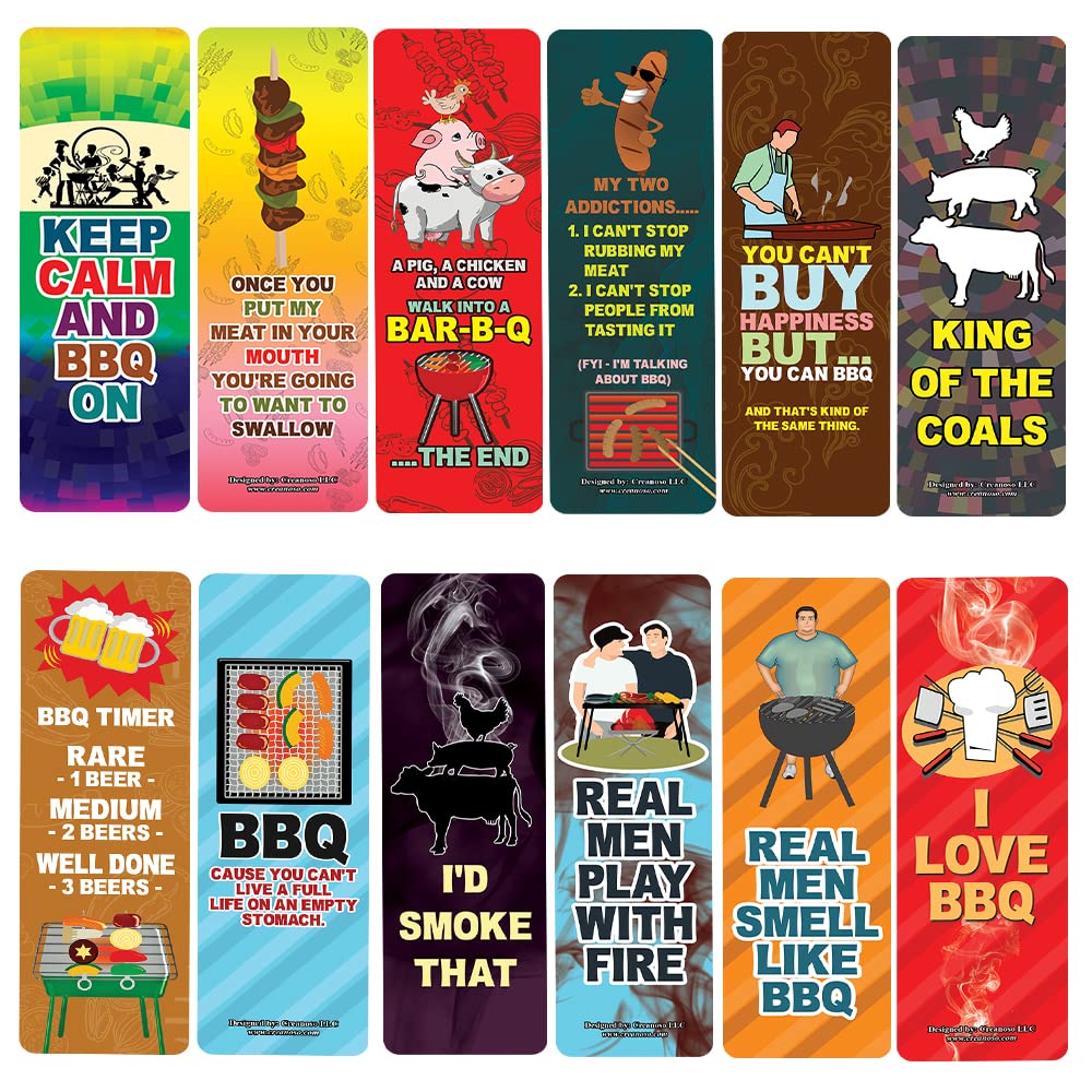 Creanoso Funny BBQ Sayings Bookmarks (12-Pack) - Inspirational Quote Cards for Books - Unique Gifts for Adults & Teens - Perfect for Reading, Gifting & Barbecue Lovers