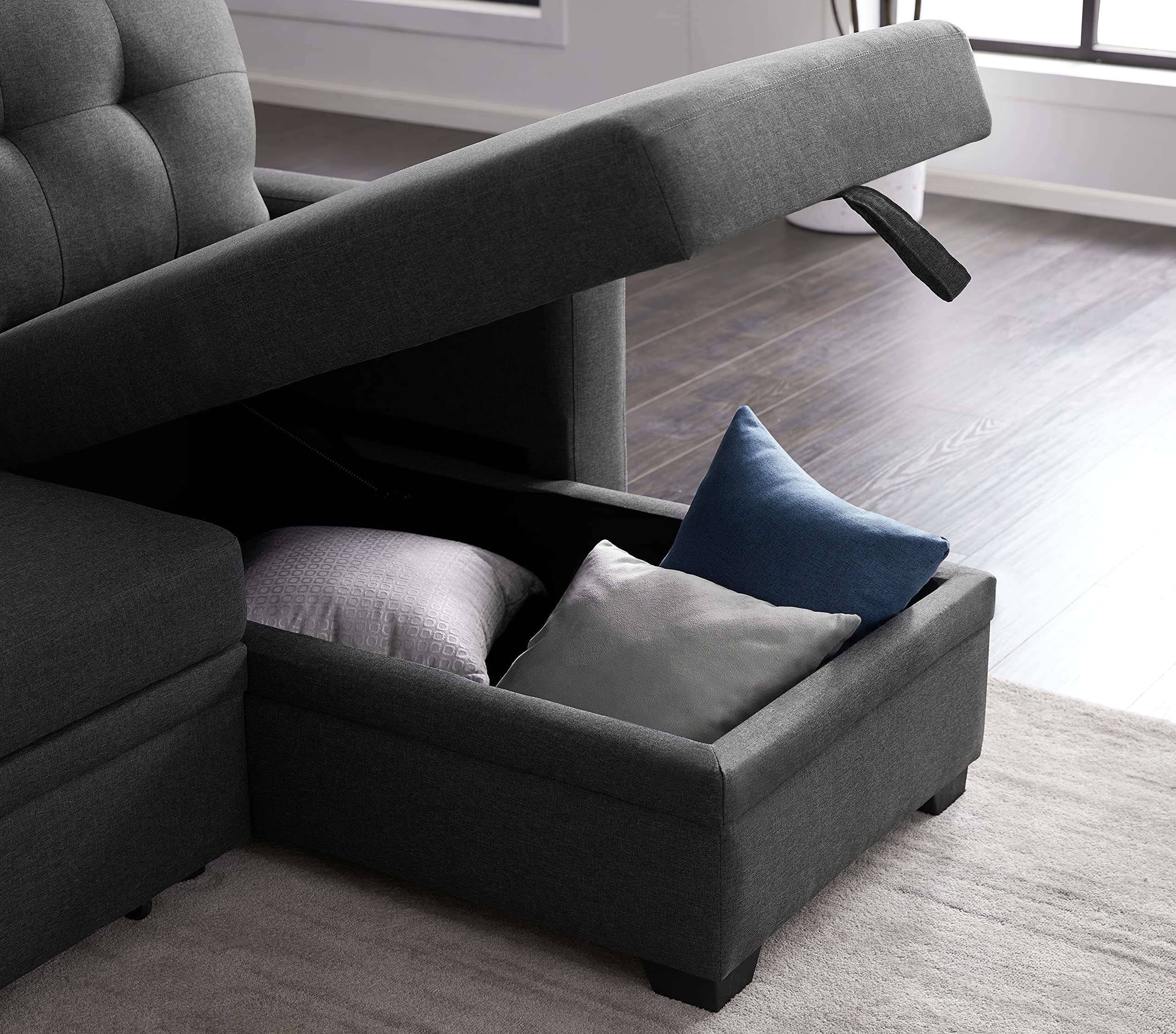 L-Shaped Reversible Sectional Sofa with Storage Chaise - Modern Convertible Sleeper Sofa Bed, Tufted Linen Upholstery for Living Room, Apartment & Small Spaces | Perfect for Guest Rooms, Home Theater & Studio Apartments