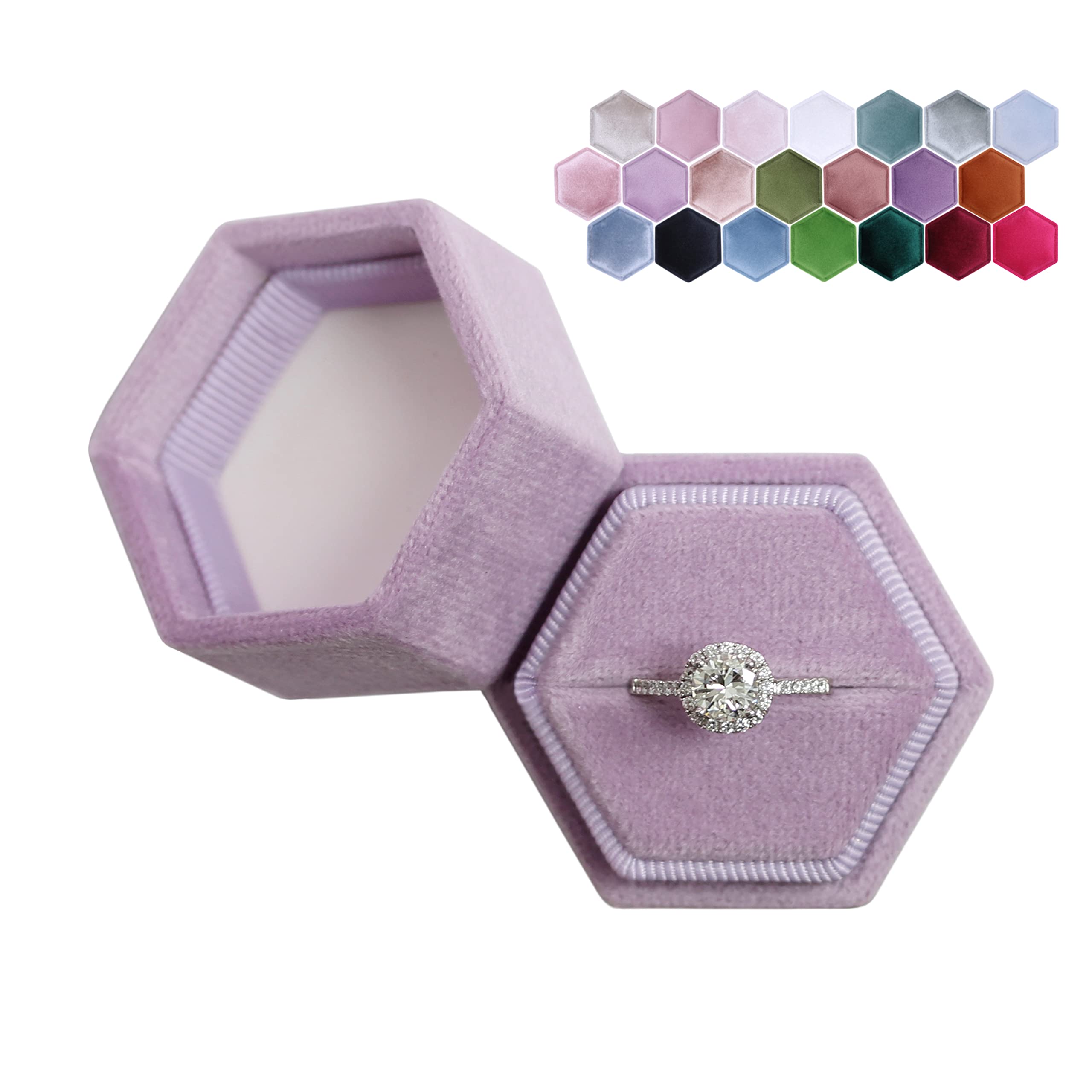 Hexagon Velvet Jewelry Box - Single Slot Ring Holder for Engagement & Wedding - Keepsake Bridal Gift Box with Lavender Flower Design - Perfect for Proposals, Anniversaries & Photo Shoots