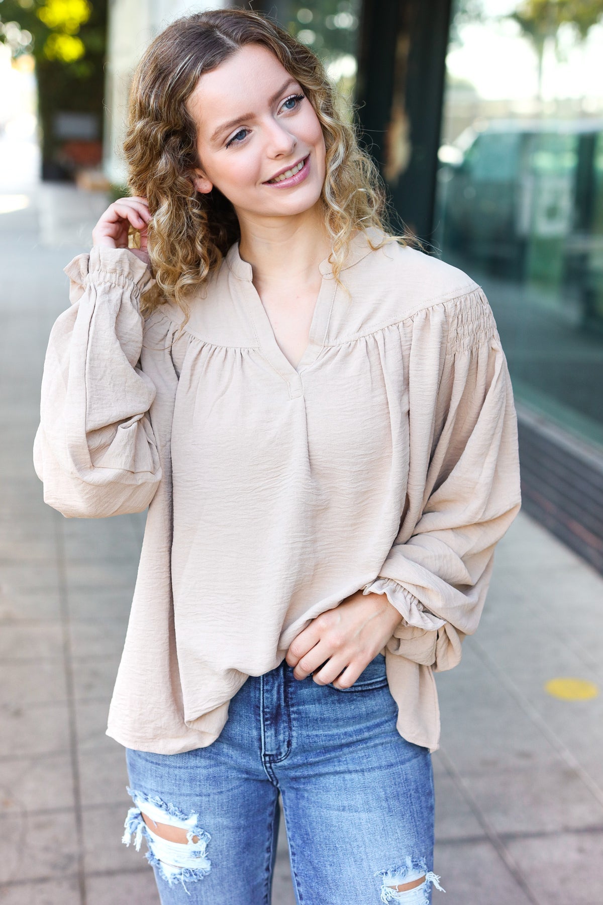 Boho Chic Taupe Smocked Bubble Sleeve Blouse with Notched Neckline - Perfect for Summer Festivals & Beach Vacations
