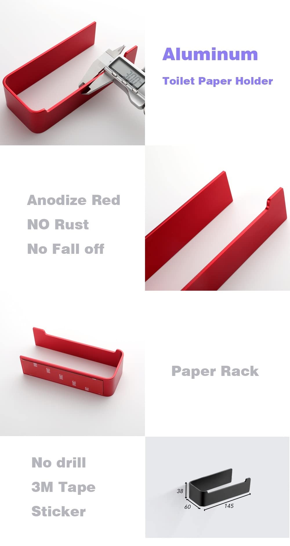Premium Aluminum Bathroom Accessories Set - Wall Mounted Toilet Paper Holder & Kitchen Roll Dispenser with Free Punch Red Hanger (Red) - Perfect for Modern Bathrooms & Kitchens