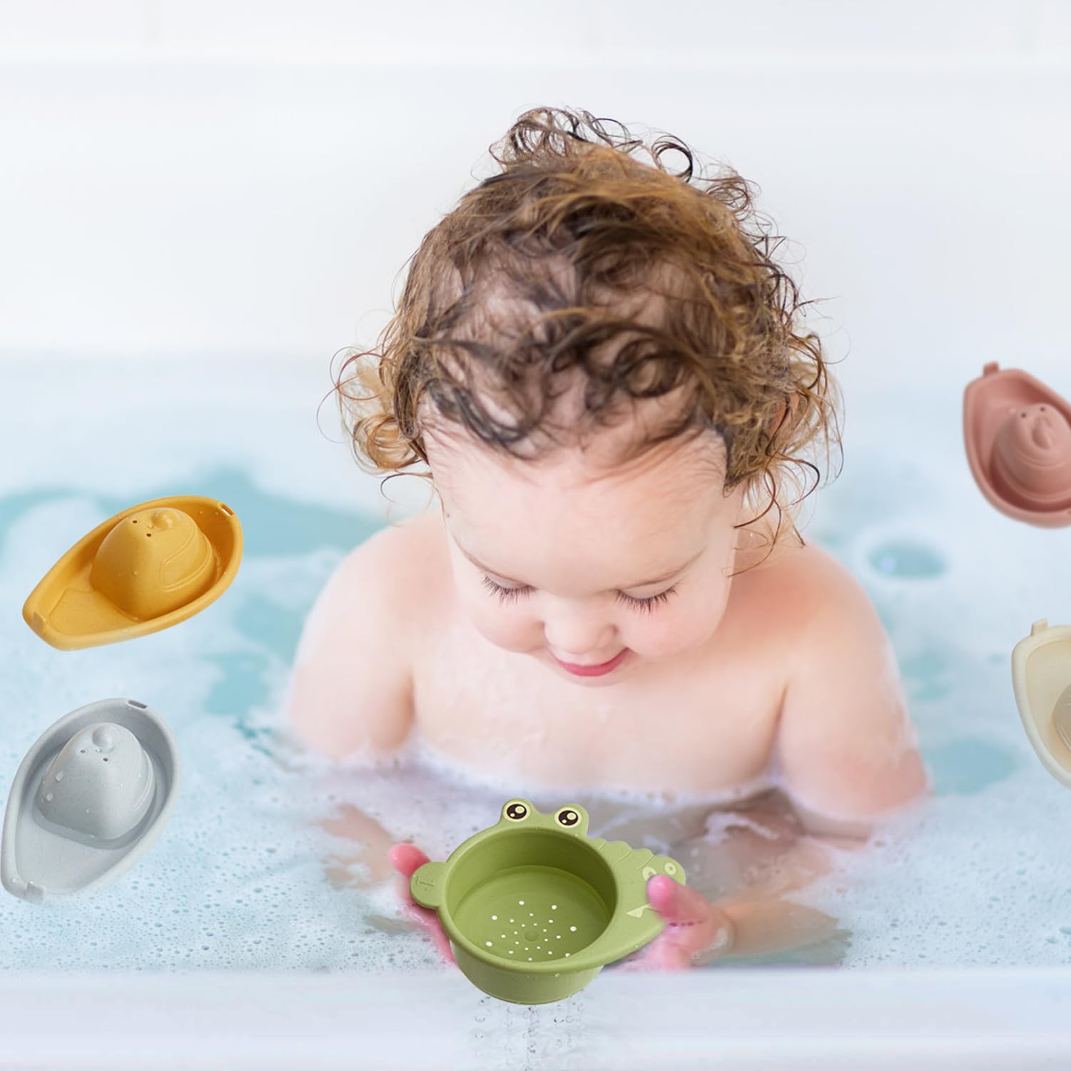 AMCHSURI 14 PCS Non-Toxic Bath Toys for Toddlers 1-3 Years - Stackable Boats & Cups, Mold-Free Bathtub Water Toys for Babies 6-12 Months - Early Learning Educational Gift for Sensory Play & Bathtime Fun