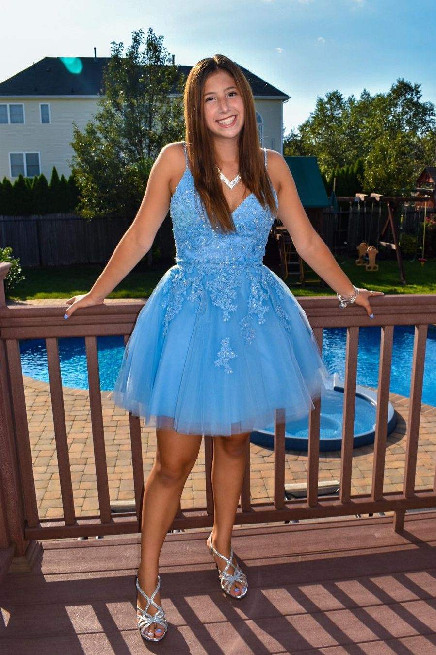 Elegant Sky Blue Homecoming Dress with V-Neck & Lace Beading - Perfect for Prom, Hoco, and Formal Events