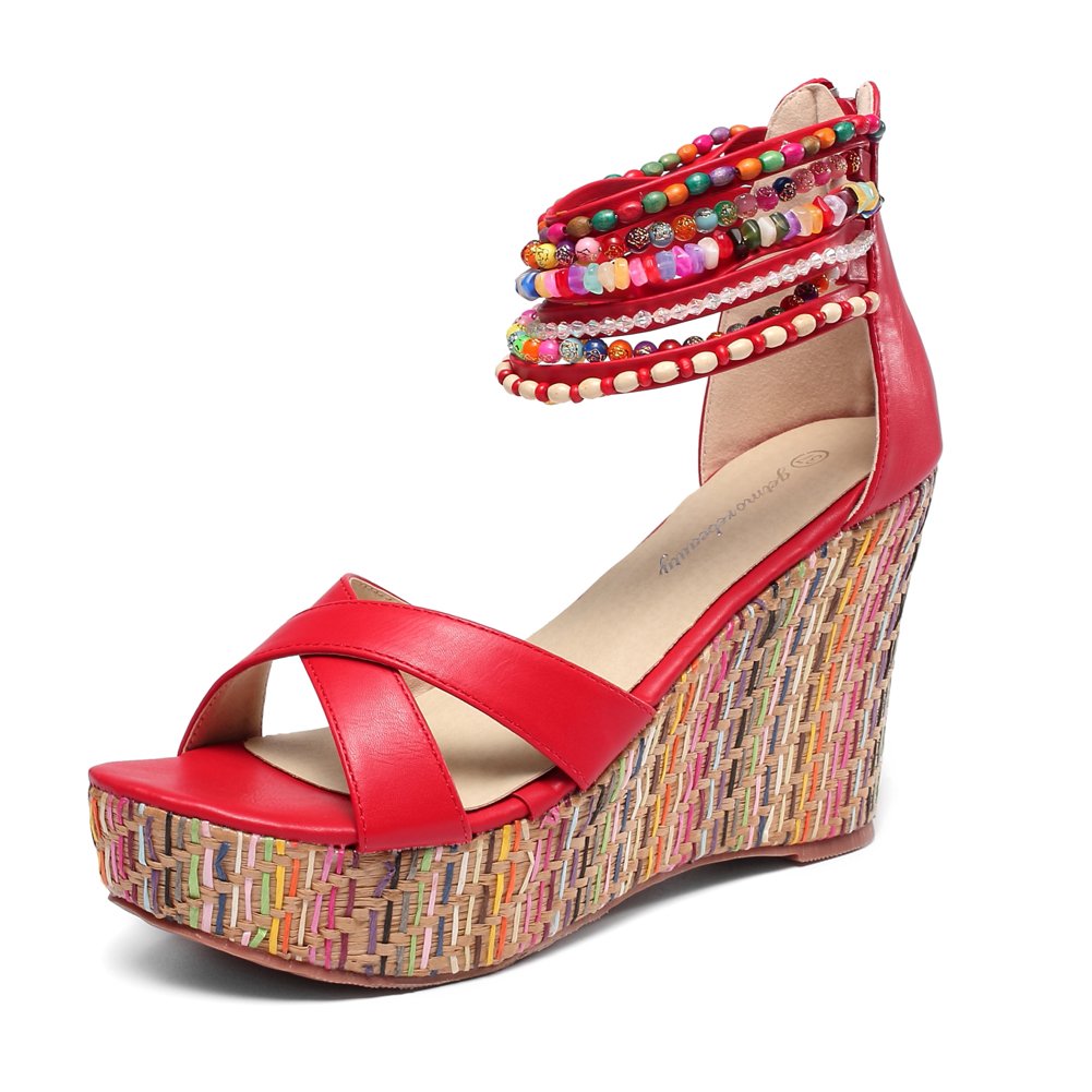 GetMoreBeauty Women's Pearl Embellished Wedge Sandals - Comfortable Platform High Heels for Summer, Beach, and Casual Outings