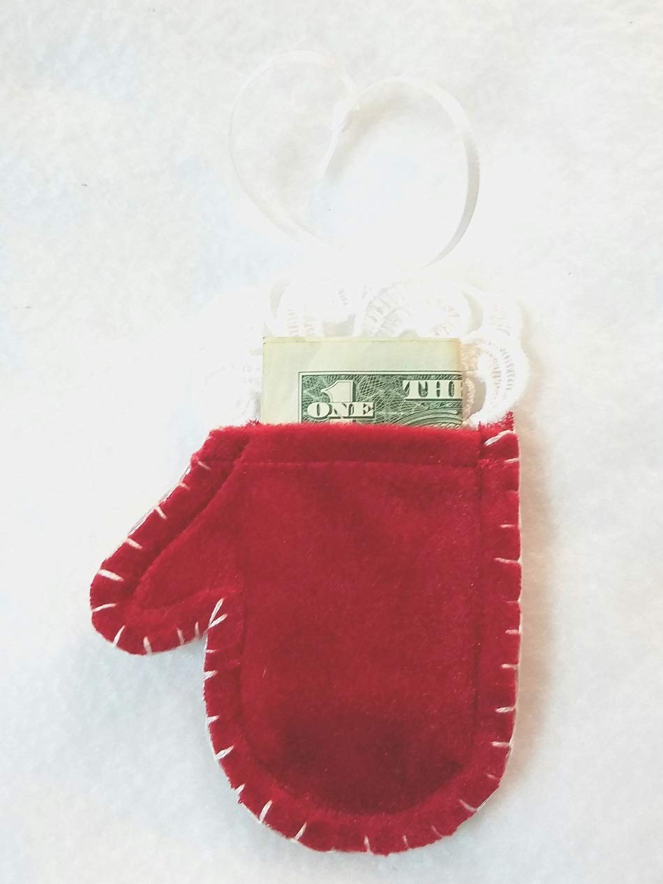 Christmas Velvet Mitten Money Holder - Handmade Embroidery Ornament for Holiday Gifts, Stocking Stuffers & Tree Decorations