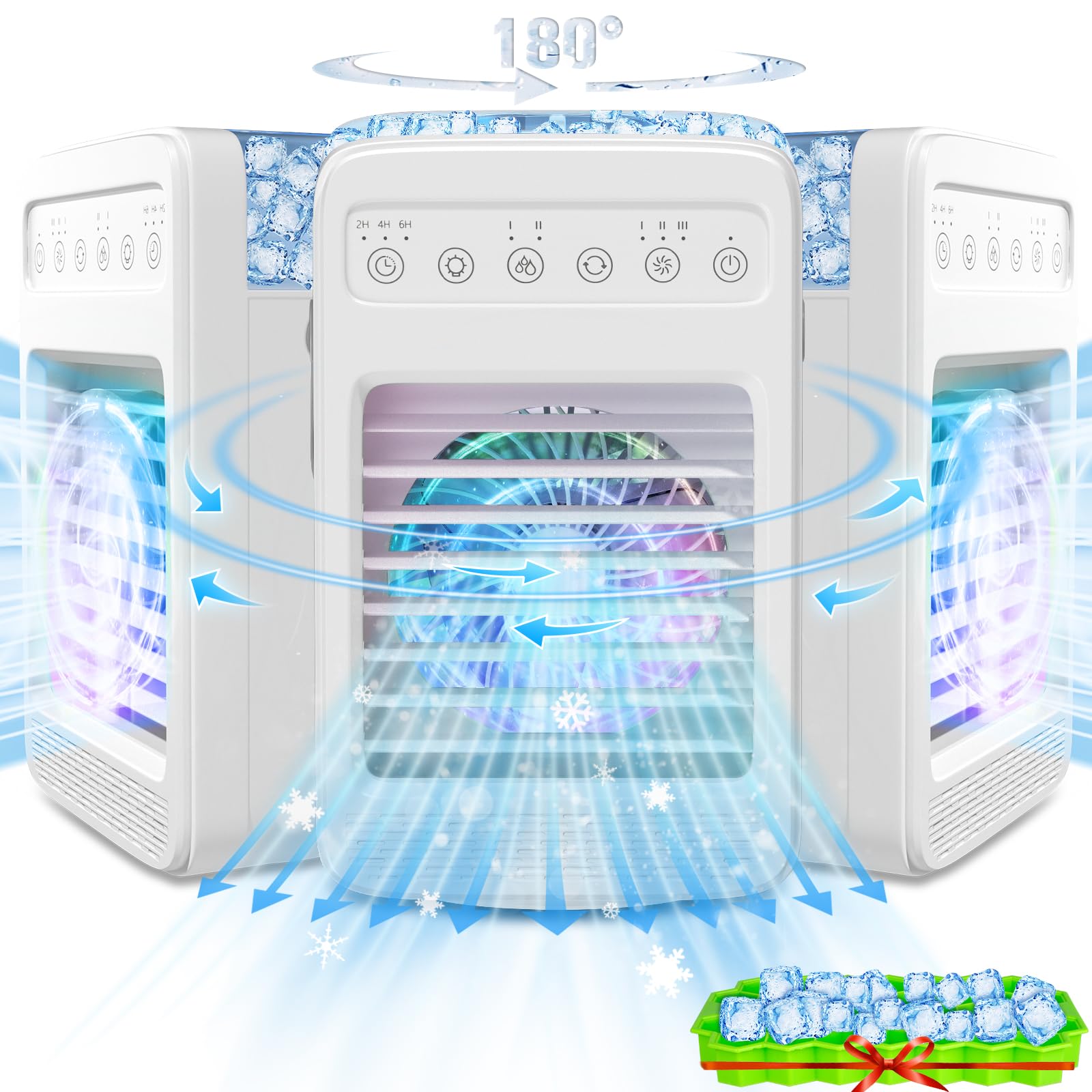 Portable Air Conditioner with 180° Oscillation - 4 Wind Speeds, Built-in Ambient Light & Large Water Tank - Mini AC Unit for Room, Kitchen, Office, Desk - Perfect for Home, Work & Outdoor Use