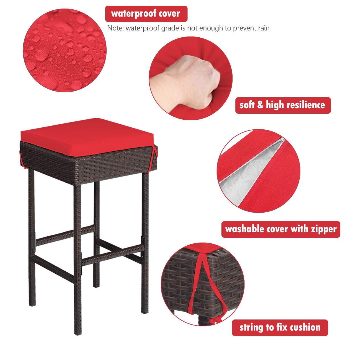 HappyGrill 3-Piece Outdoor Bar Set - Rattan Wicker Bar Stools & Table with Weather-Resistant Cushions & Tempered Glass Top - Perfect for Poolside, Garden, Patio Dining & Entertaining with Convenient Storage Shelves