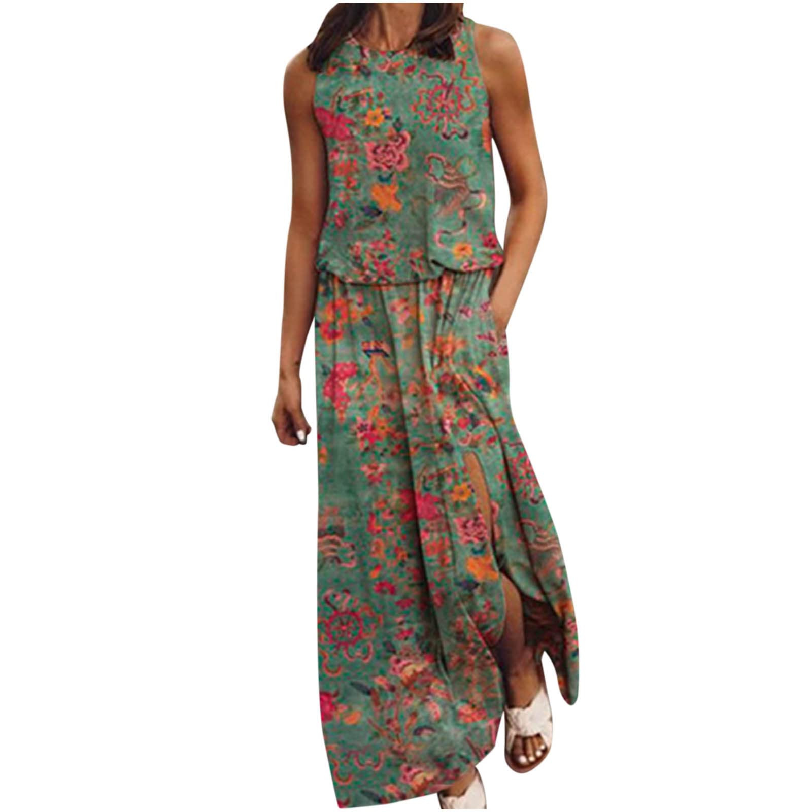 **Women's Floral Print Color Block Maxi Dress - Bohemian Crewneck Long Dress with Side Slit, Comfortable & Casual Spring Summer Dress for Beach, Vacation & Outdoor Events**