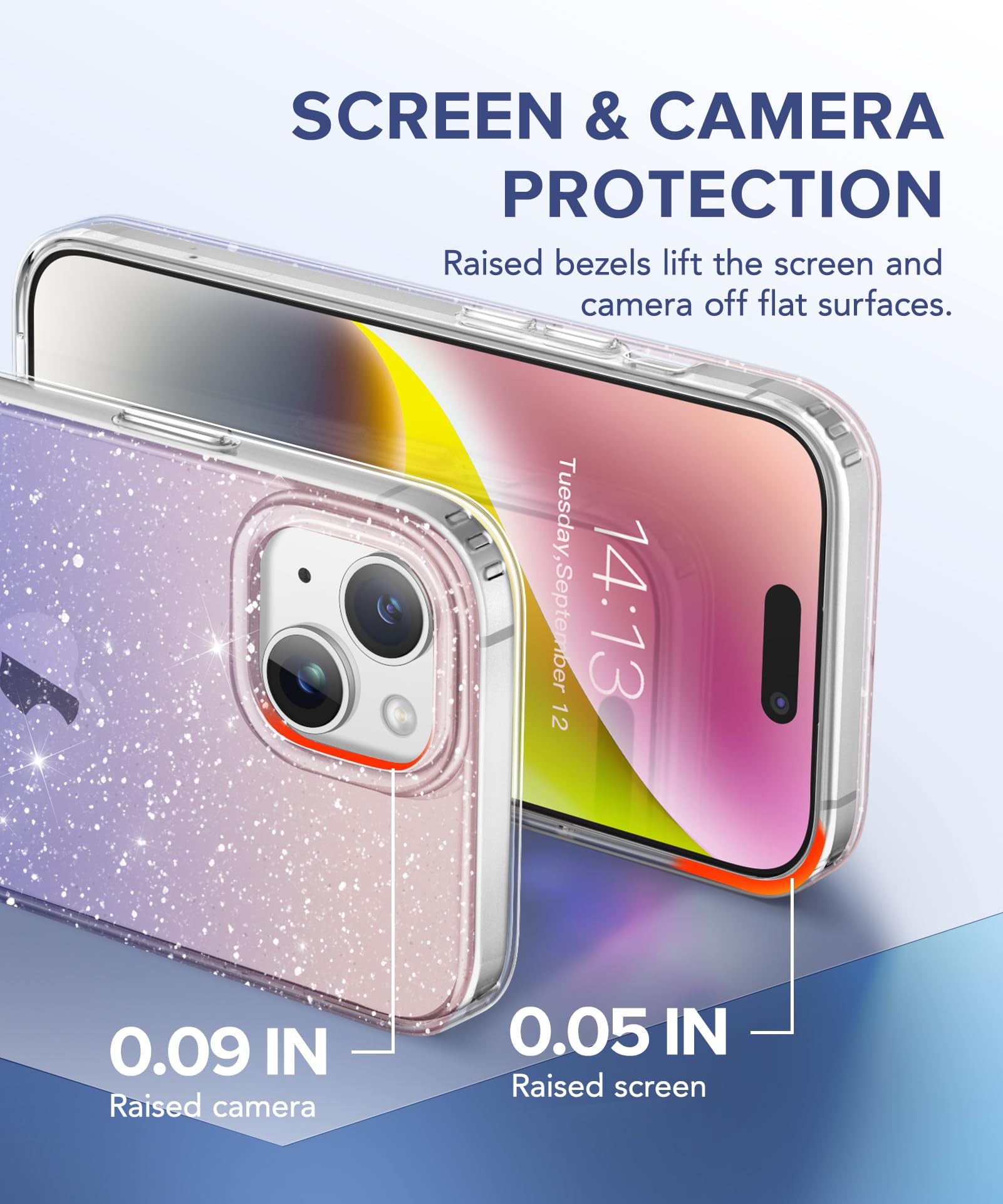 3 in 1 iPhone 15 Case with Screen Protector & Camera Lens Cover - Glitter Clear Slim Shockproof Phone Case for Women | 6.1 Inch Non-Yellowing Gradient Design | Perfect for Everyday Use, Work & Travel Protection