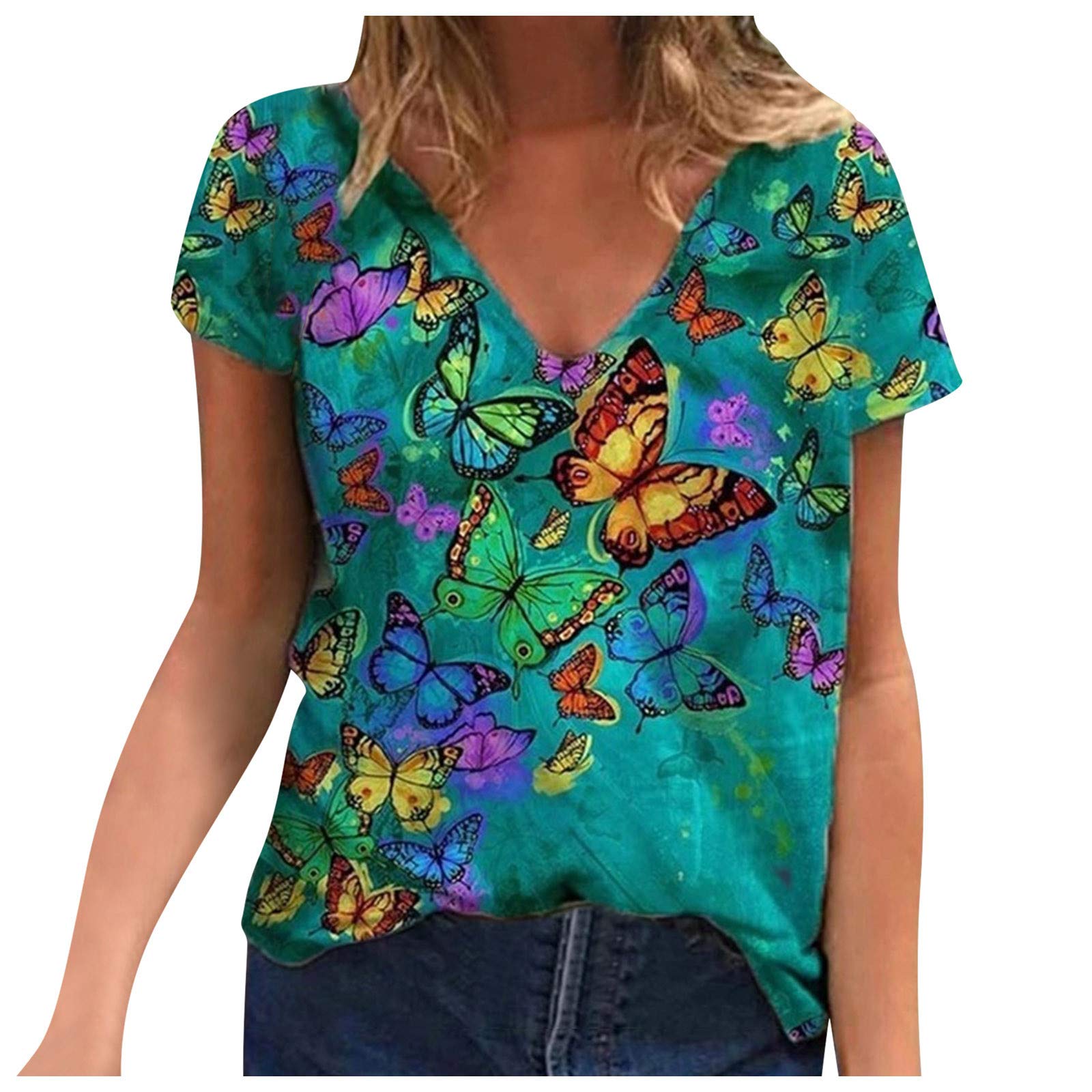 Women's Loose Fit V-Neck Tunic Tops - Short Sleeve Printed Blouse Tee Shirt for Casual Wear, Work & Summer Outfits | Plus Size Available