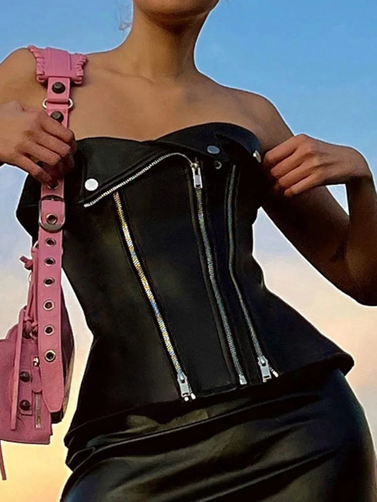 Sexy Asymmetrical PU Leather Strapless Crop Top for Women - Clubwear, Bodycon Vest, Party Tube Top | Perfect for Night Out, Clubbing, and Festivals