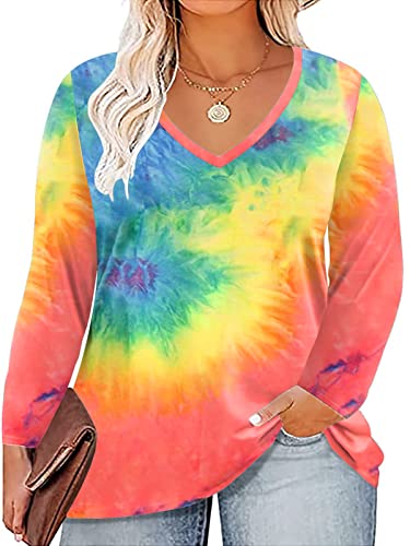 ROSRISS Women's Plus Size Long Sleeve V-Neck Tunic Tops - Solid Color Blouse Tee Shirts for Casual Wear, Office & Everyday Outfits