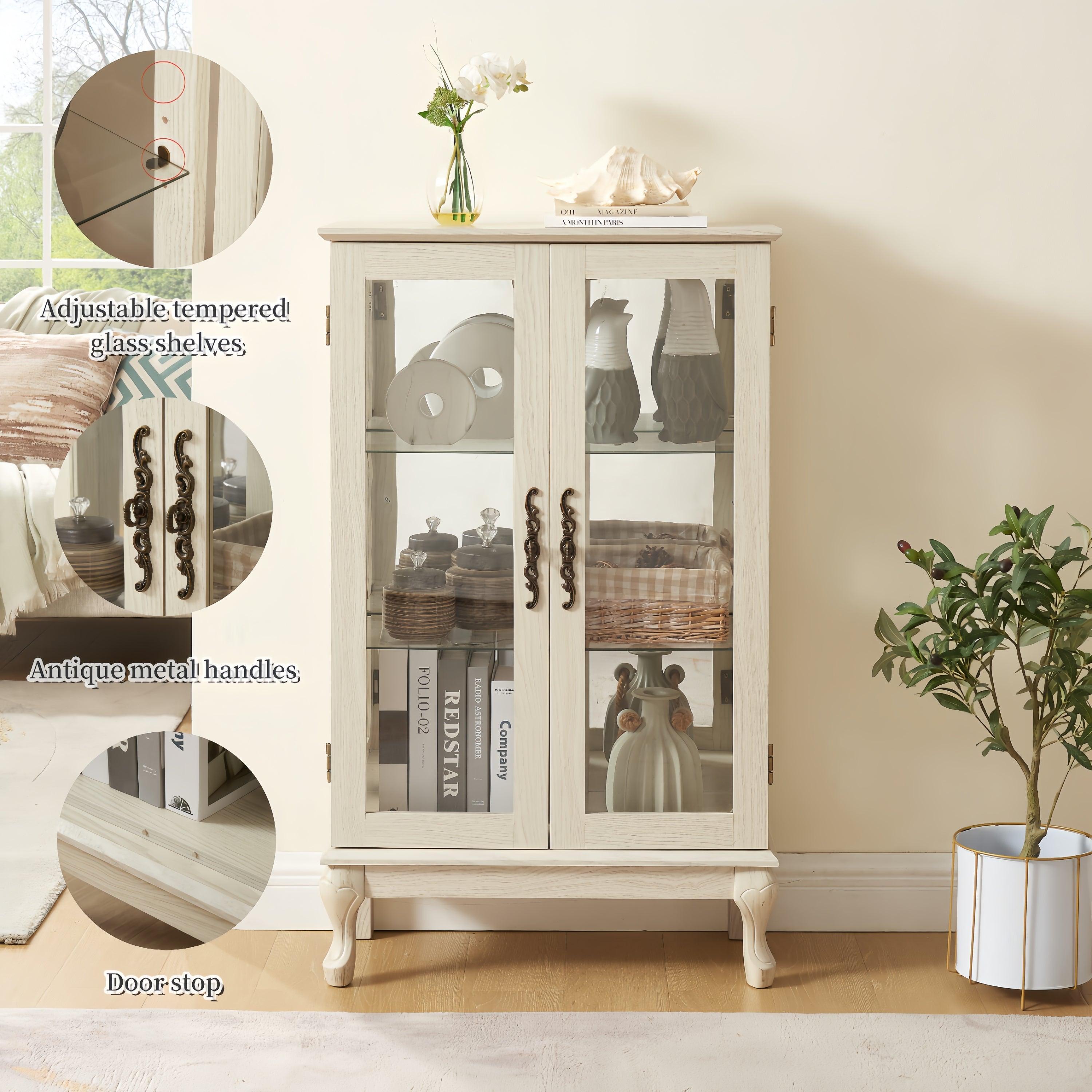 2 Door Curio Cabinet with Tempered Glass & Mirrored Back - LED Lighted Display Case for Living Room, Dining Room, Office - Showcase Collectibles, China, or Decor Items