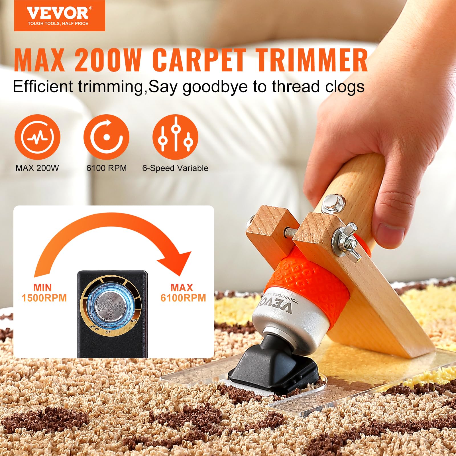 VEVOR 200W Electric Carpet Trimmer with Speed Control, 2 Blades & Wooden Handle - Professional Carving Shears for Tufted Rugs, Handmade Cleaning & DIY Craft Projects - Perfect for Home Decorators & Rug Makers