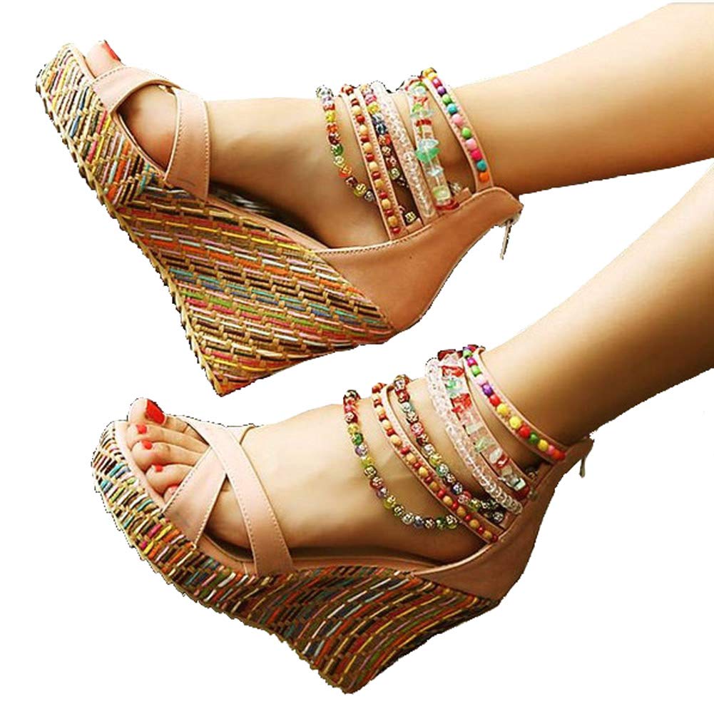 Getmorebeauty Women's Pearl Embellished Wedge Sandals - Comfortable Platform High Heels for Summer, Beach & Casual Outings