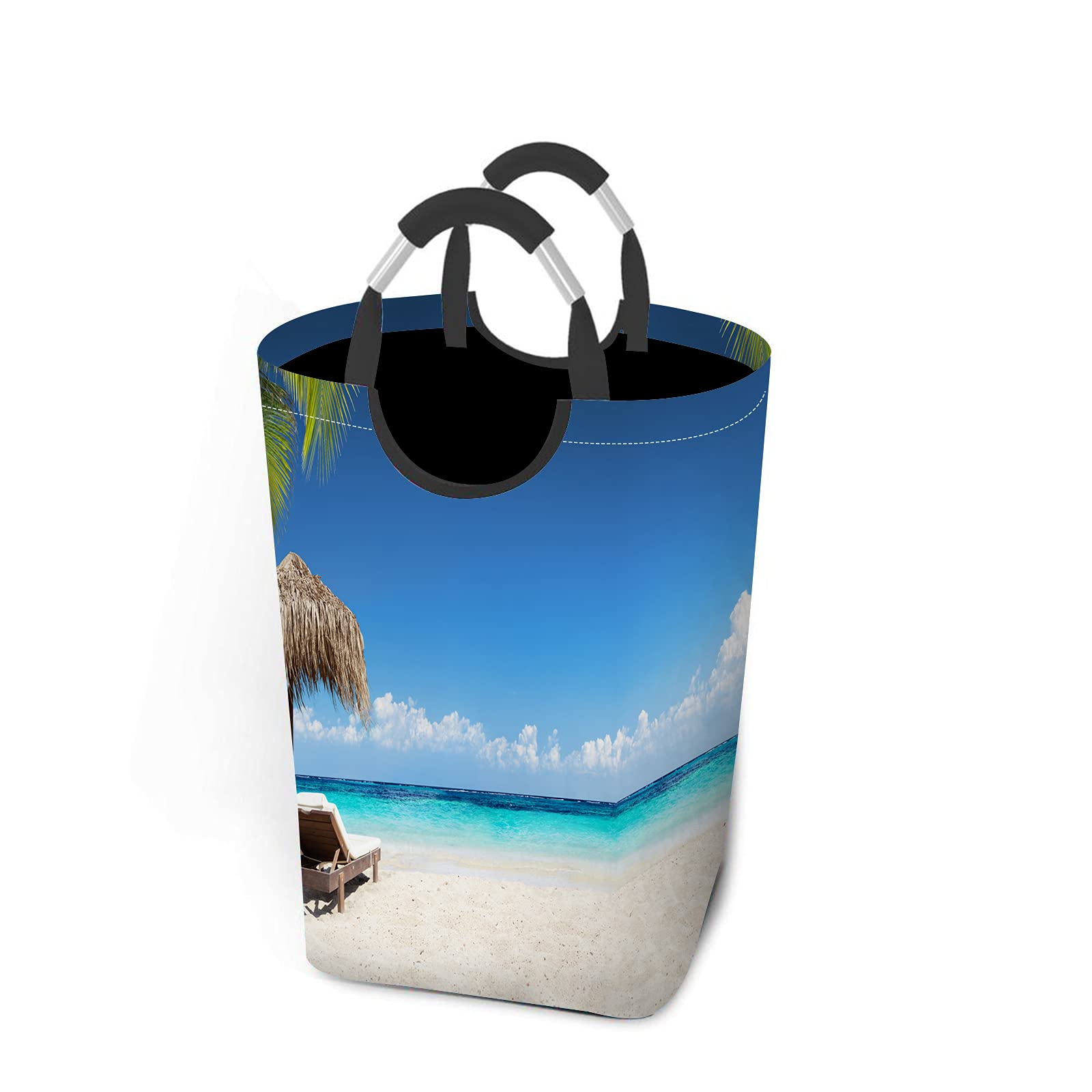 Beabes Tropical Holiday Laundry Hamper - Foldable Washing Bin with Aluminum Handle, Modern Summer Storage Basket in Palm Beach Blue - Perfect for Bathroom, Dorm, Closet & Beach Trips - Square Design for Easy Organization