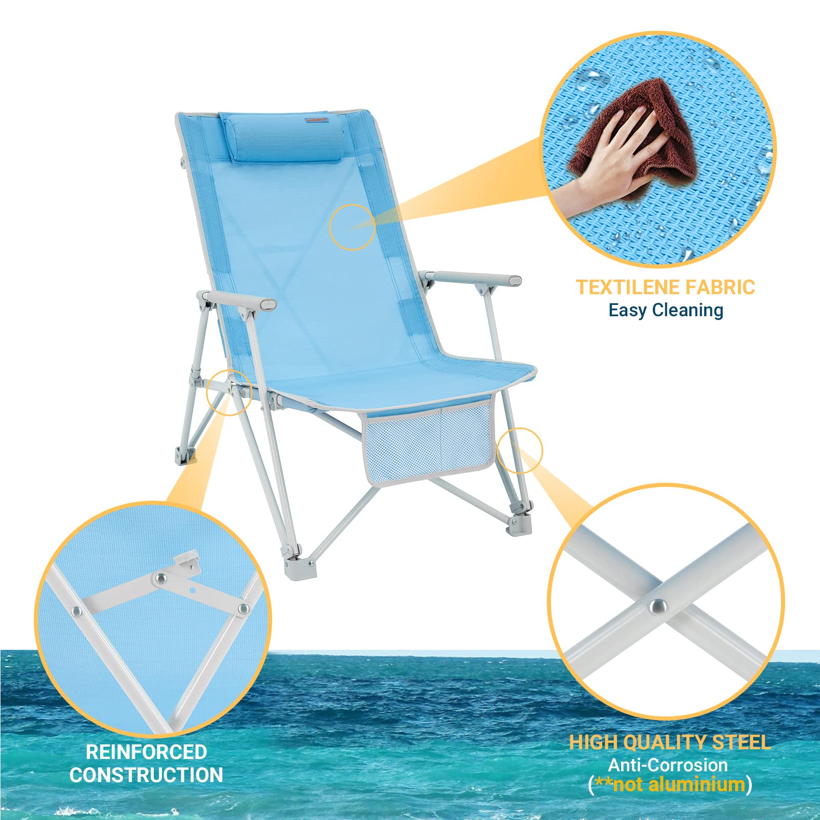 WEJOY 2 Pack Low Beach Chairs - Portable Folding High Back Lawn Chairs for Adults with Armrest & Headrest, 300lbs Capacity - Perfect for Beach, Camping, Concerts & Outdoor Events
