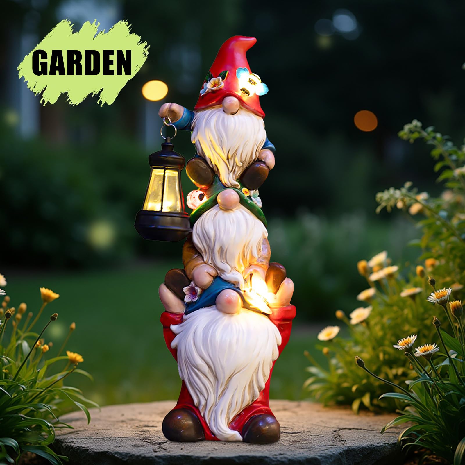Solar-Powered Large Garden Gnome Statue - Funny Triple Gnome Outdoor Decor for Patio, Lawn, Yard & Balcony - 12 Inch Spring Gnomes Home Gift for Women & Mom - Perfect for Garden Parties & Outdoor Lighting
