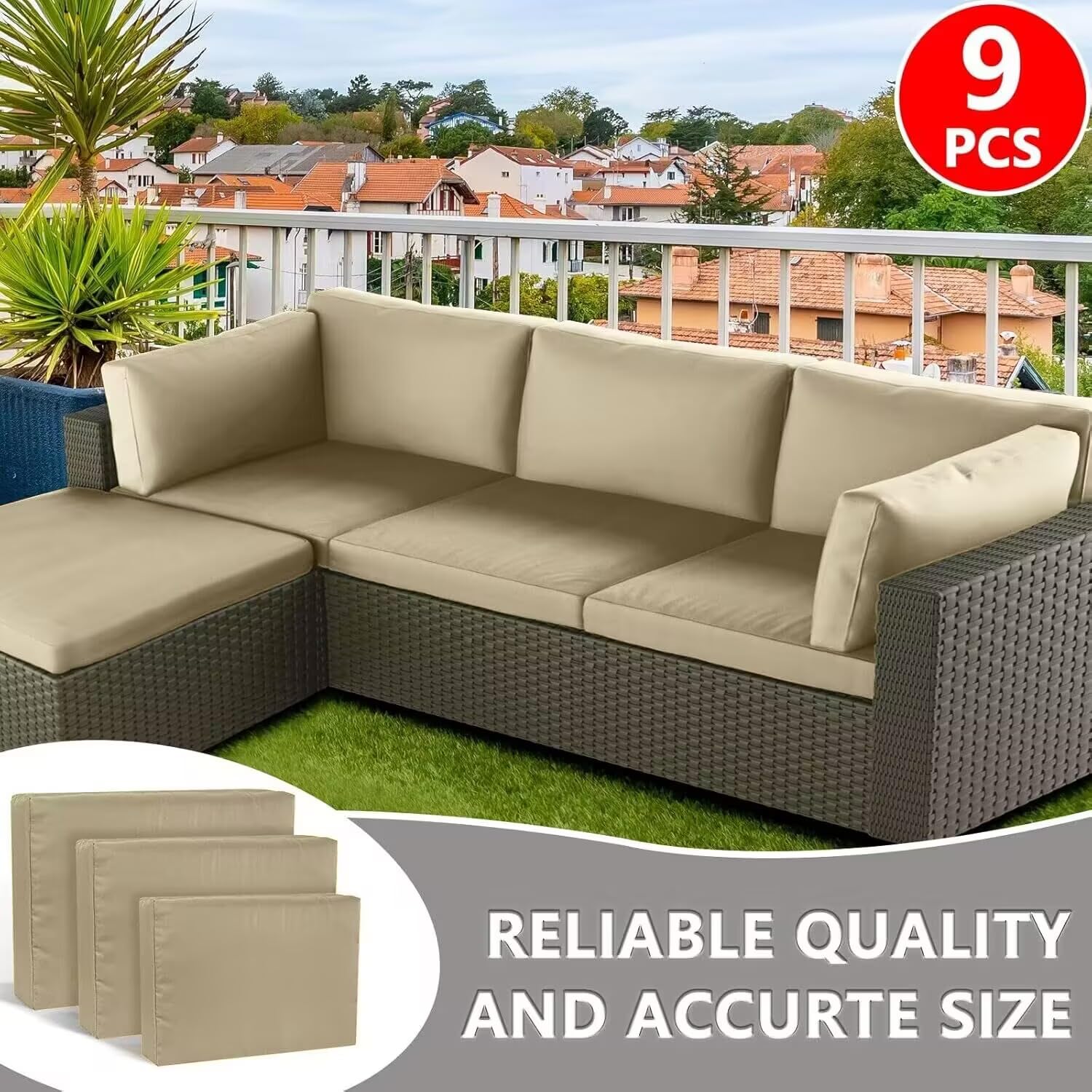 **SUSIE'S GARDEN 9-Piece Waterproof Patio Cushion Covers with Zipper - Replacement Slipcovers for 5-Piece Outdoor Furniture Set (Sand Yellow) - Perfect for Backyard, Deck, Poolside & Garden Seating**
