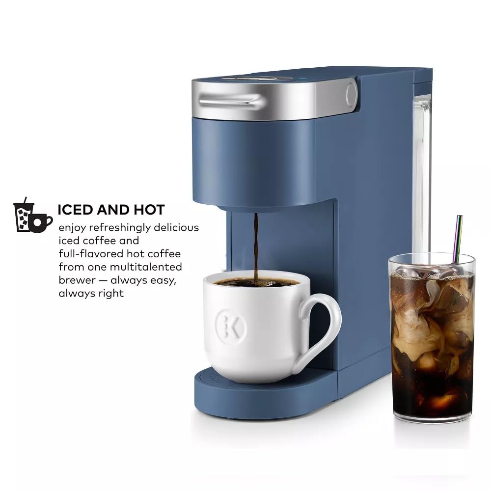 K-Iced Plus Single-Serve Coffee Maker & Espresso Machine - Brews Iced & Hot Coffee, Compact Design for Small Spaces, Fits Travel Mugs, 46 oz Removable Water Reservoir, Auto Shut-Off, KCup Pod Compatible, Alpine Blue - Perfect for Home, Office, Dorm & Travel Use
