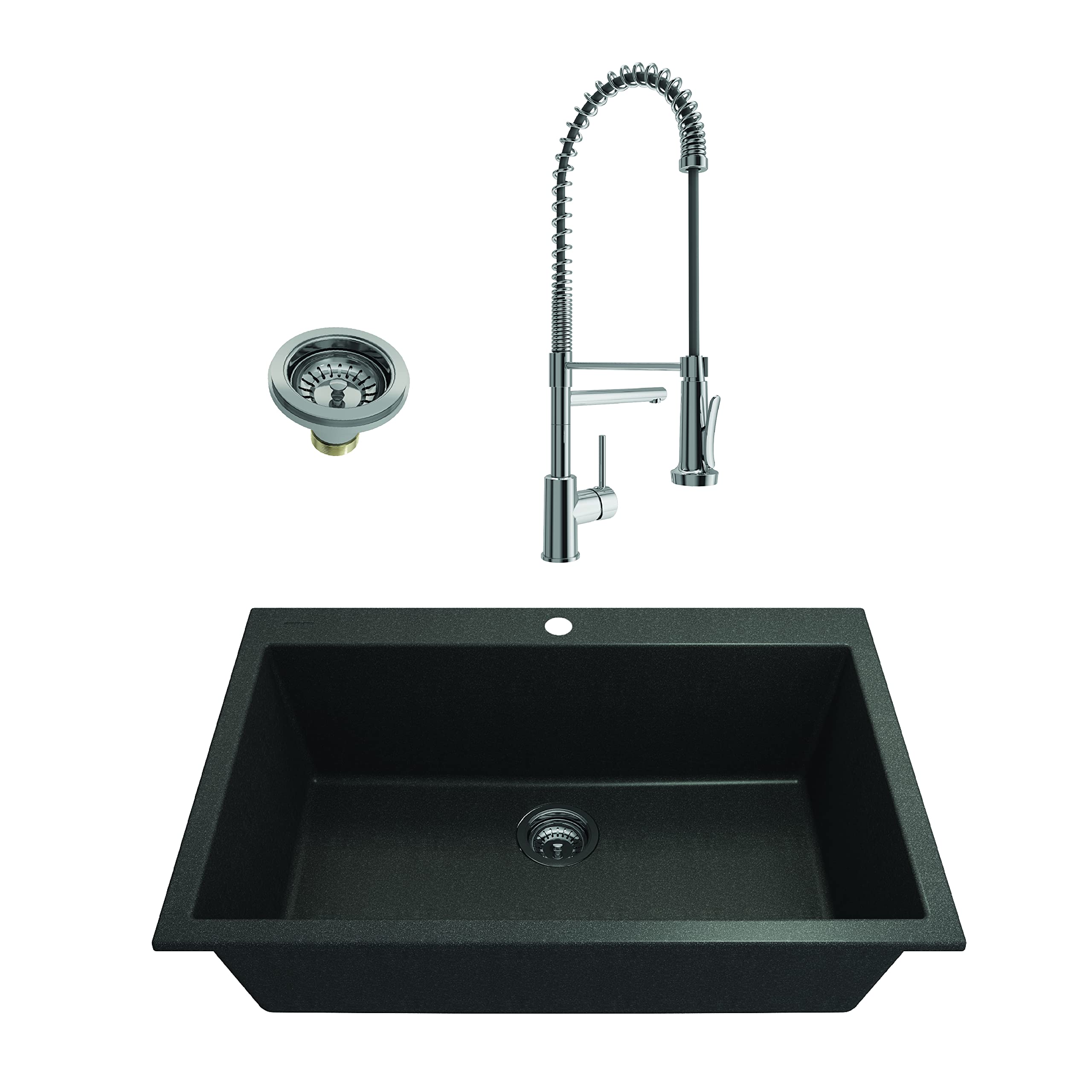 BOCCHI Campino Uno 33-inch Metallic Black Granite Composite Single Bowl Kitchen Sink with Dual Mount & Accessories - Includes Chrome Faucet for Modern Home Kitchen Renovation