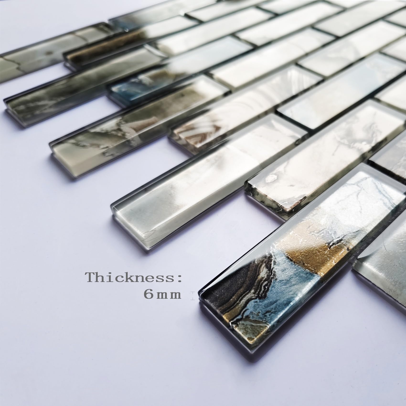 Premium Blue Grey Glass Mosaic Backsplash Tiles - Interlocking Gemstone Look Wall Tiles for Kitchen, Bathroom & Fireplace Decor (5 Sheets/Pack) - Perfect for Modern Home Renovation & DIY Projects