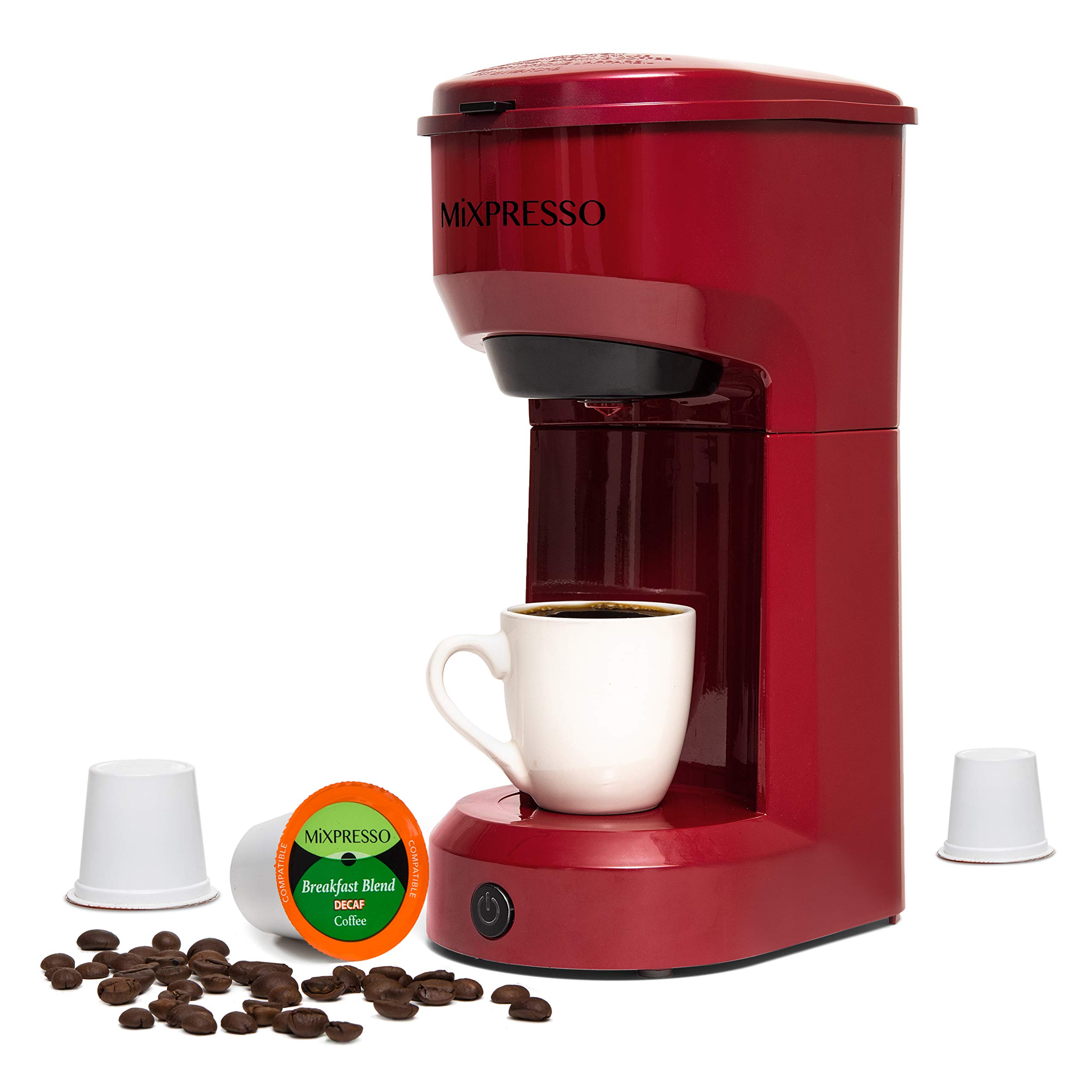 Mixpresso 2-in-1 Single Serve Coffee Maker - K Cup & Ground Coffee Compatible, Compact Personal Brewer with Quick Brew Technology (14oz, Red) - Perfect for Home, Office, Dorm & Small Spaces