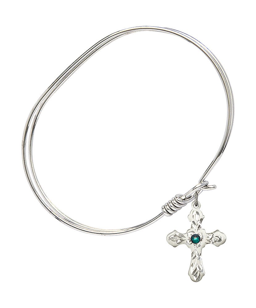 7 Inch Oval Eye Hook Bangle Bracelet with Cross Medal Charm & May Green Crystal - Elegant Jewelry for Women, Perfect for Daily Wear, Parties, and Gifts