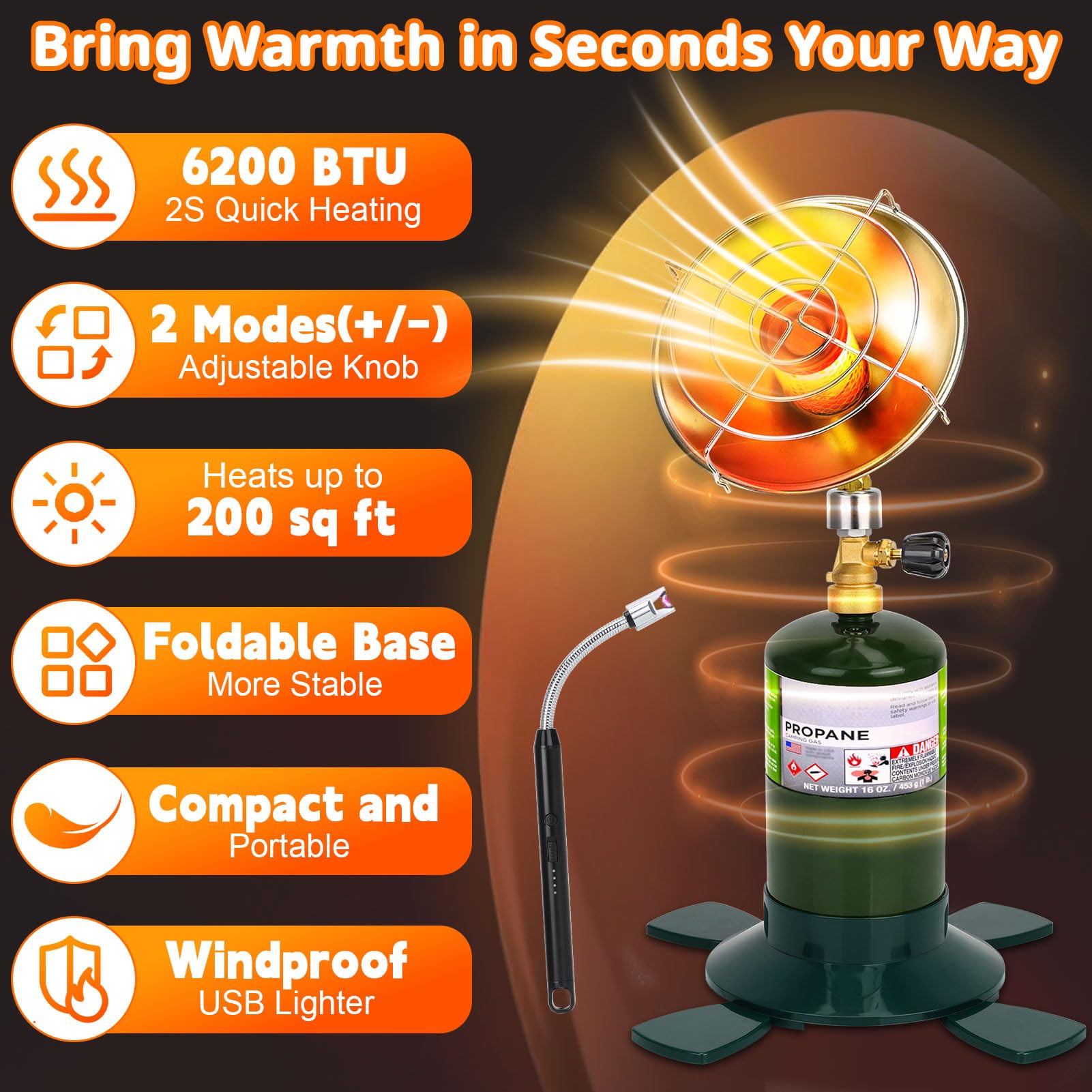 Portable 6200 BTU Propane Heater with Control Valve - Foldable Gas Tank Holder for Camping, Hunting, Fishing, Tent, Garage, Patio & Backyard Use - Ideal for Outdoor Adventures & Space Heating