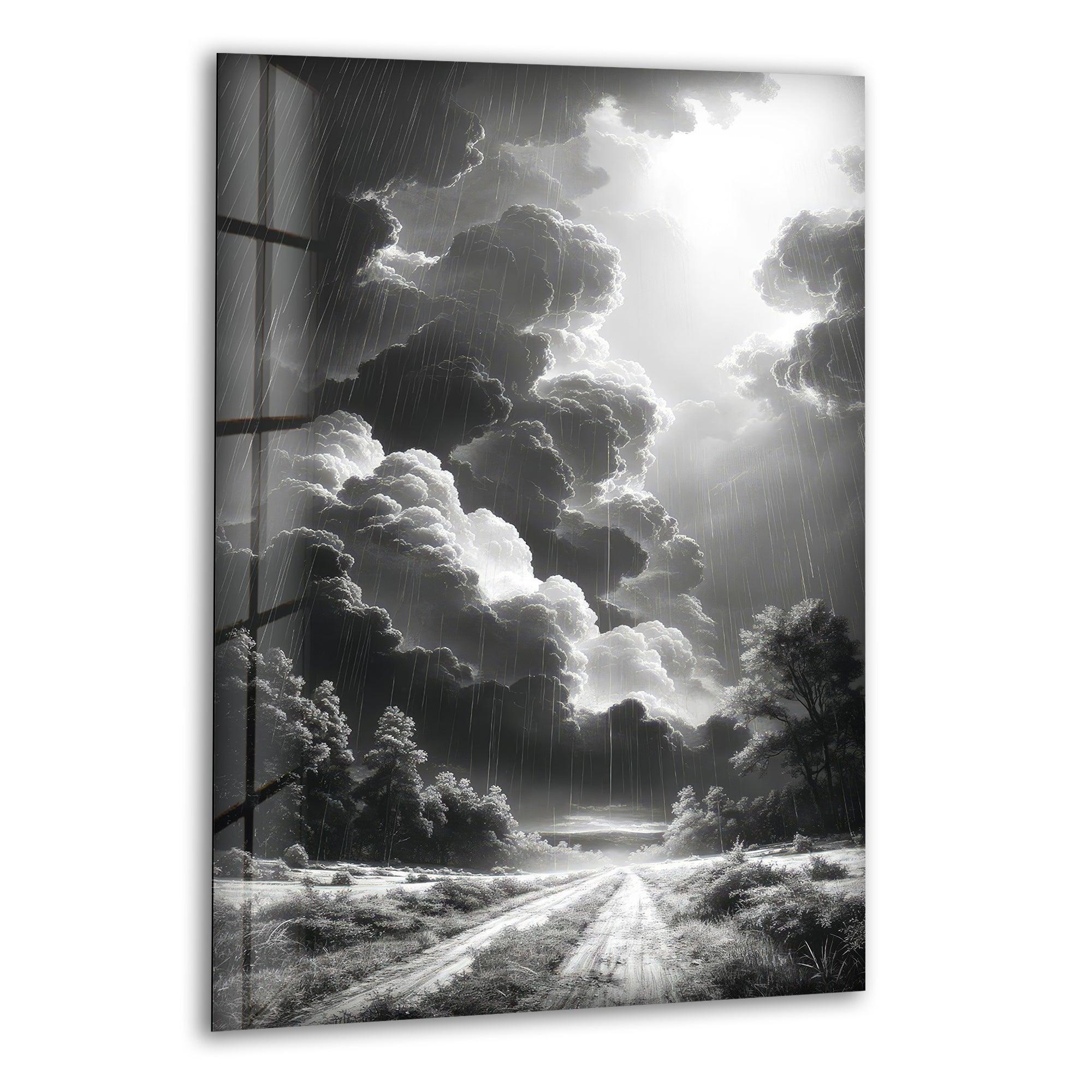Black and White Storm Glass Wall Art - Dramatic Rainy Landscape Painting for Home & Office Decor - Perfect for Living Room, Bedroom, or Office Wall Decor