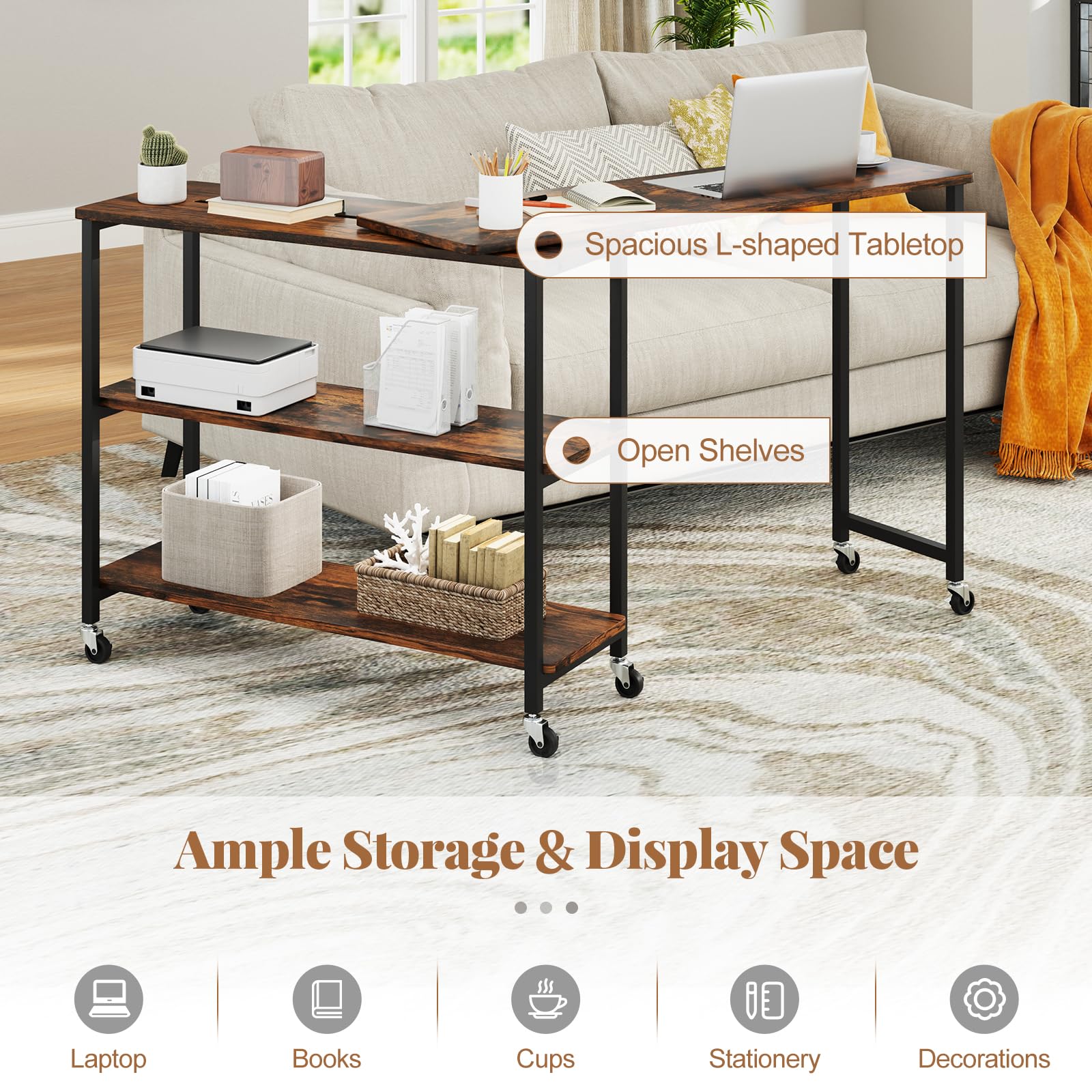 Tangkula 360° Rotating Side Table for Couch - Patented Mobile Laptop Desk with 2-Tier Storage Shelves & Sturdy Metal Frame | Extendable Snack Table for Living Room, Home Office & Bedroom Use