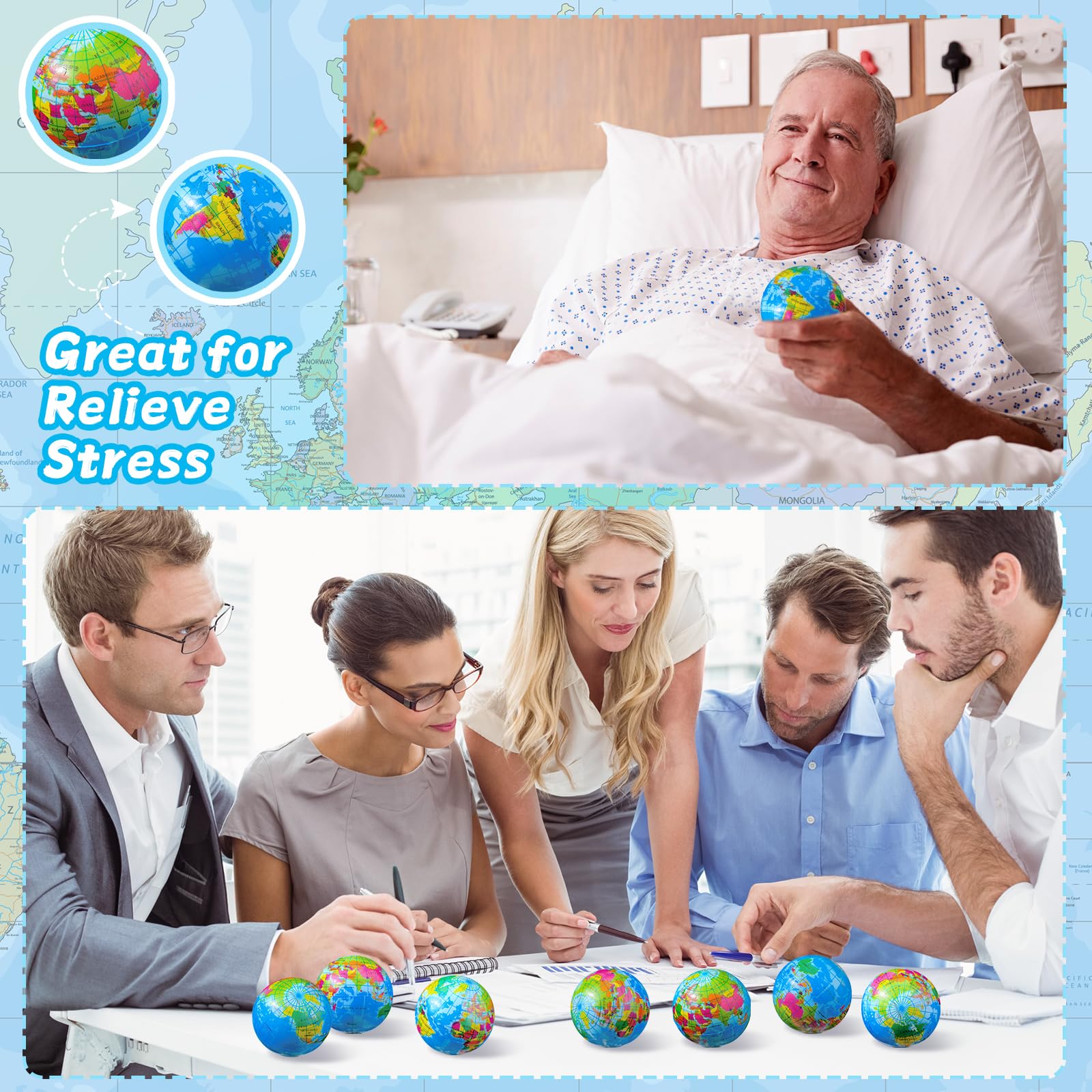 200 Pcs 2 Inch Mini World Earth Stress Balls - Bulk Foam Squeeze Balls for Stress Relief, Finger Exercise & Education - Includes Blue Drawstring Bag - Perfect for School Rewards, Party Favors, Office Gifts & Sensory Therapy