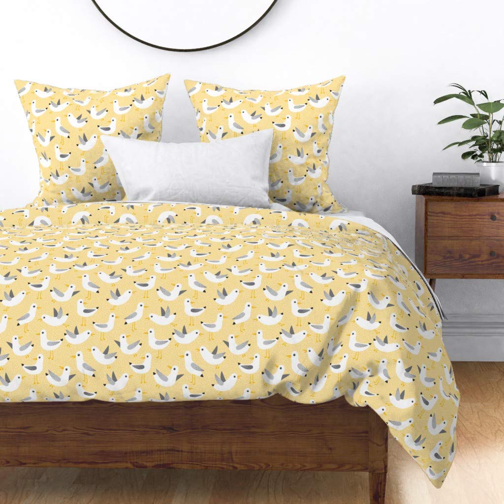 Custom Seagulls Yellow Birds Beach Sand Summer Print Cotton Sateen Duvet Cover - King/California King Size | Coastal & Nautical Themed Bedding for Beach House, Vacation Rental or Summer Home Decor