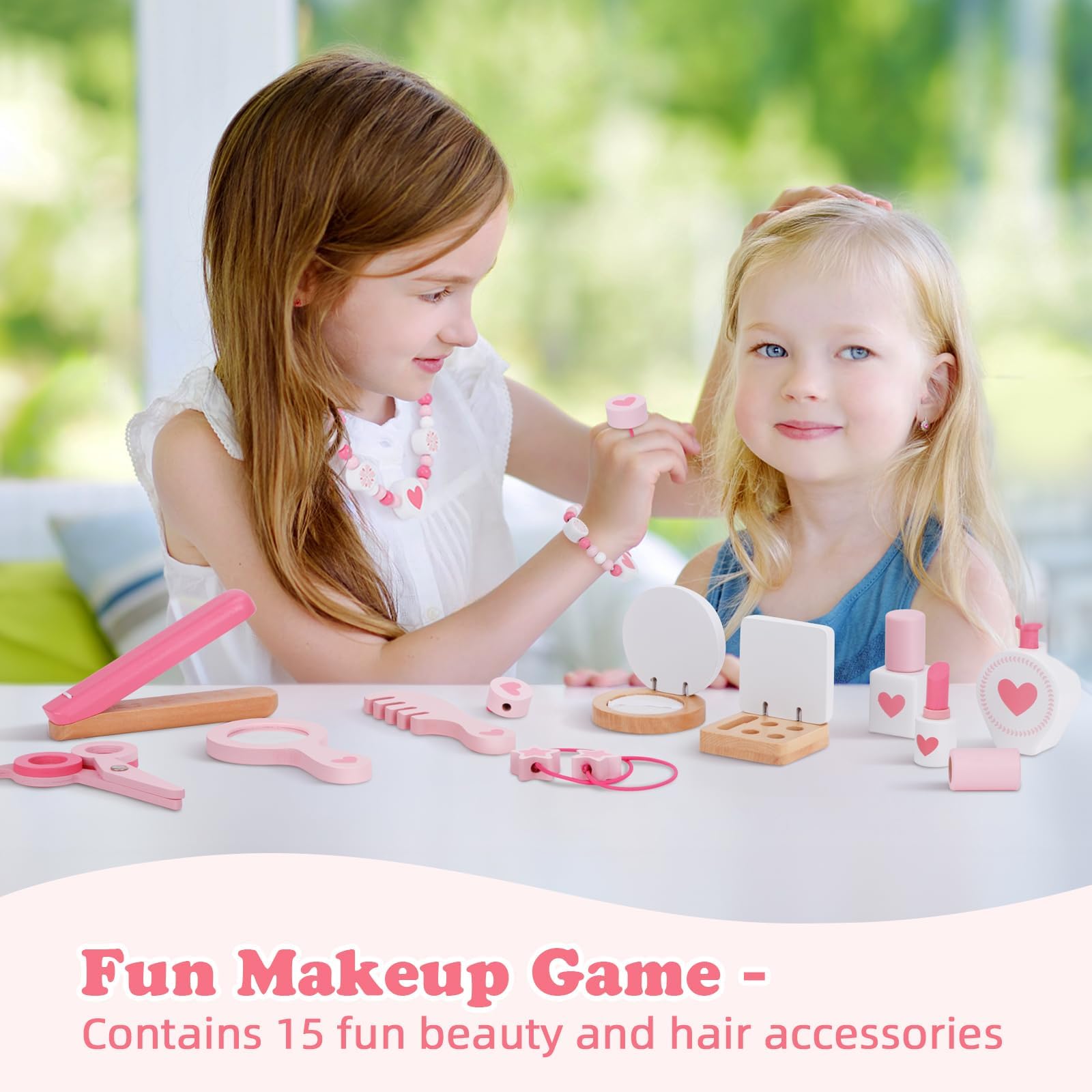 Pink Kids Vanity Set with Mirror & Storage Drawer - 15-Piece Makeup Dressing Table & Chair Set for Girls - Perfect for Pretend Play, Birthday Gifts & Bedroom Decor