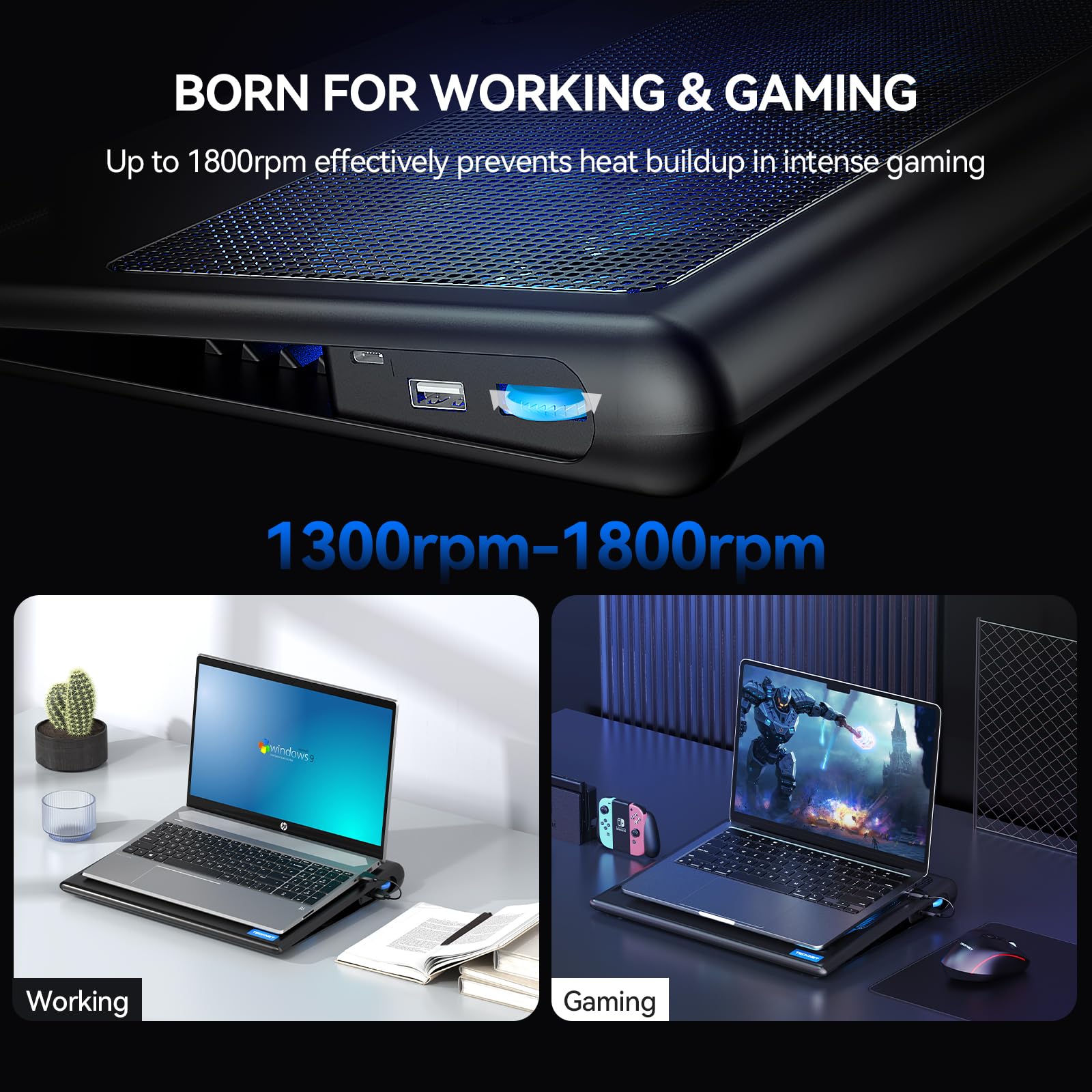 TECKNET Laptop Cooling Pad for 12-16 Inch Laptops - Ultra Quiet Dual Fan Cooling Stand with Adjustable Speed & Ergonomic Design | Perfect for Gaming, Office Work & Long Computing Sessions