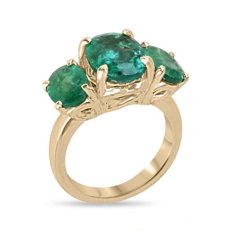 4.86tcw Natural Emerald Oval Three Stone Engagement Ring 14K Solid Gold for Anniversary, Wedding, Proposal - Perfect Gift for Her