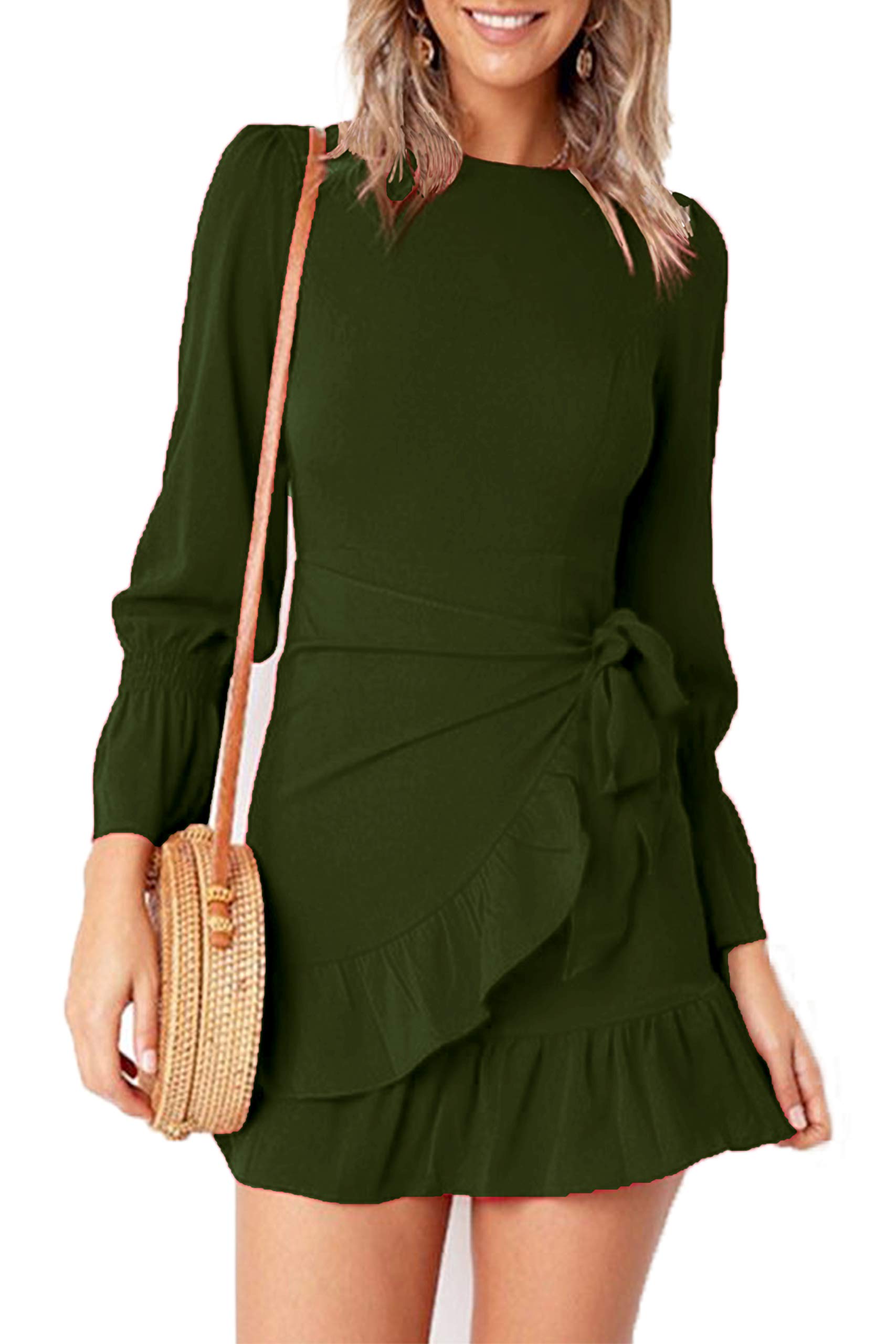 Feager Women's Elegant Long Sleeve Wrap Dress with Ruffle Detail - Bodycon Fit for Work, Party & Special Occasions