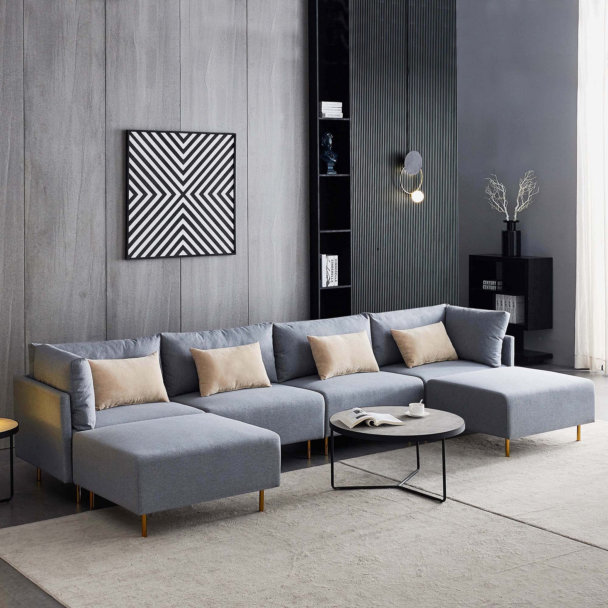Modern Reversible U-Shaped Sectional Sofa with 2 Ottomans - 4-Seat Linen Fabric Couch for Living Room, Large Modular Sofa with Metal Legs & Pillows, 143